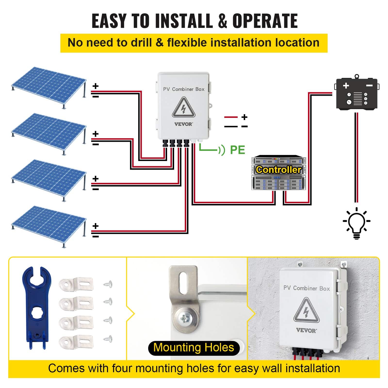 VEVOR 4-String PV Combiner Box, 15A Fuses, 63A Breaker, IP65 Waterproof, Lightning Protection, for Grid/Off-Grid Solar Systems — изображение 5