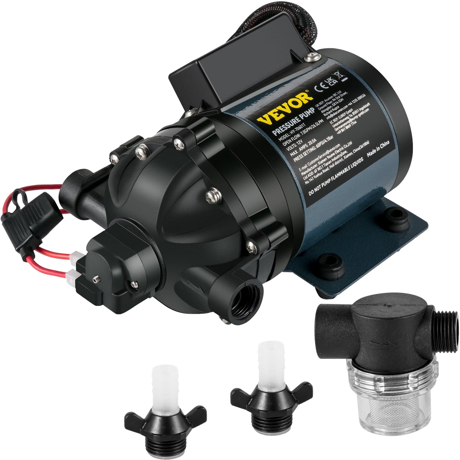 VEVOR 12V Self-Priming Washdown Water Pump 26 L/min 4 bar, 3 m Lift, Marine & RV Use, EPDM Valve, Saltwater Filter, Threaded Fittings