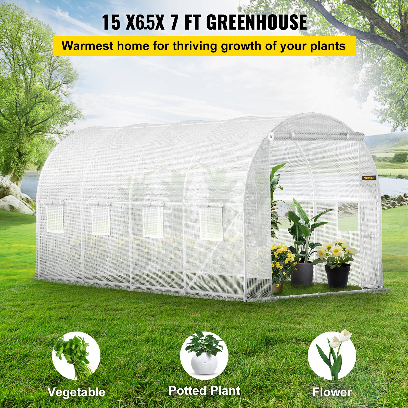 VEVOR Walk-in Tunnel Greenhouse 457x198x213 cm, PE Cover, Steel Frame, 2 Doors, 8 Windows, for Year-Round Gardening — изображение 2