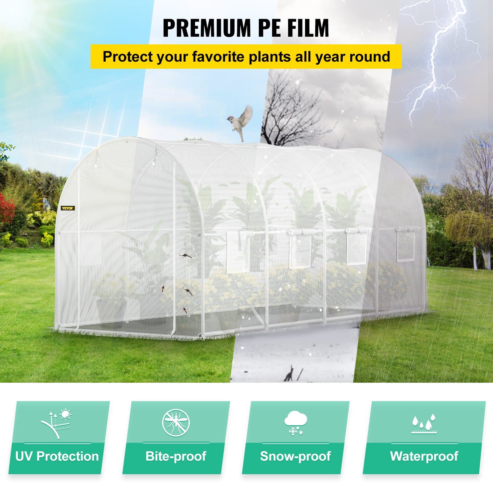 VEVOR Walk-in Tunnel Greenhouse 457x198x213 cm, PE Cover, Steel Frame, 2 Doors, 8 Windows, for Year-Round Gardening — изображение 4