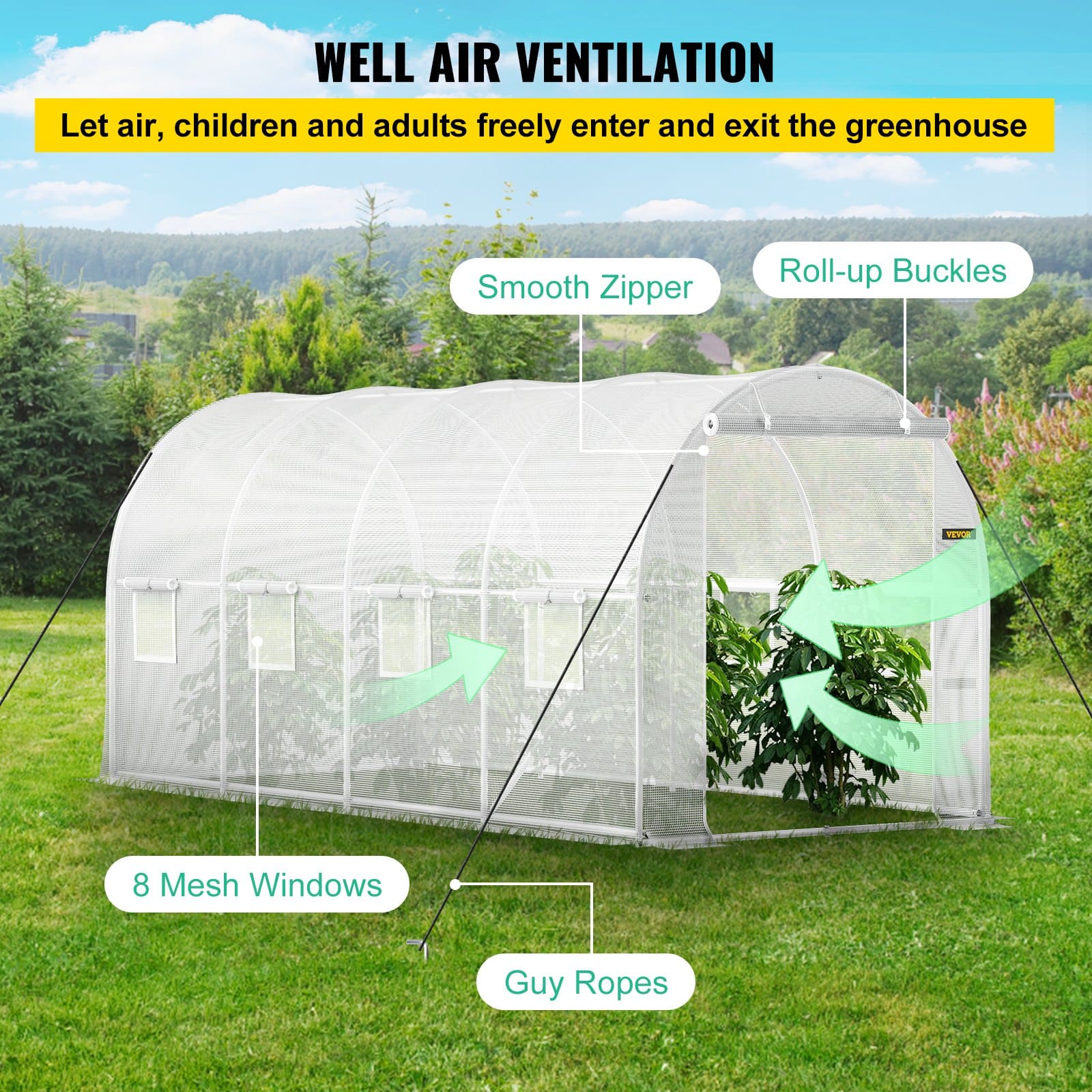 VEVOR Walk-in Tunnel Greenhouse 457x198x213 cm, PE Cover, Steel Frame, 2 Doors, 8 Windows, for Year-Round Gardening — изображение 5