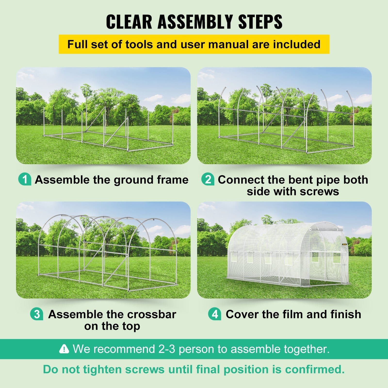 VEVOR Walk-in Tunnel Greenhouse 457x198x213 cm, PE Cover, Steel Frame, 2 Doors, 8 Windows, for Year-Round Gardening — изображение 6