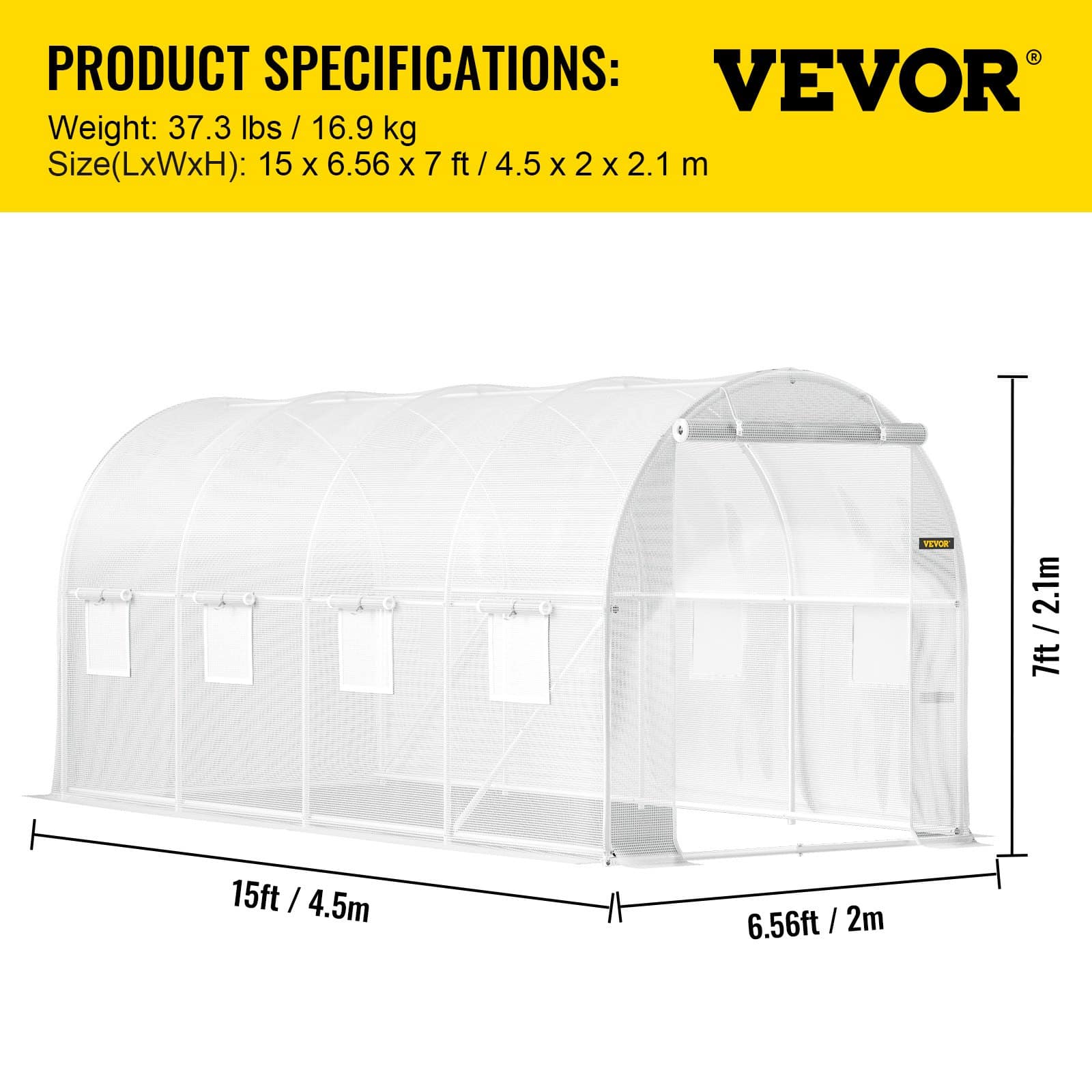 VEVOR Walk-in Tunnel Greenhouse 457x198x213 cm, PE Cover, Steel Frame, 2 Doors, 8 Windows, for Year-Round Gardening — изображение 7