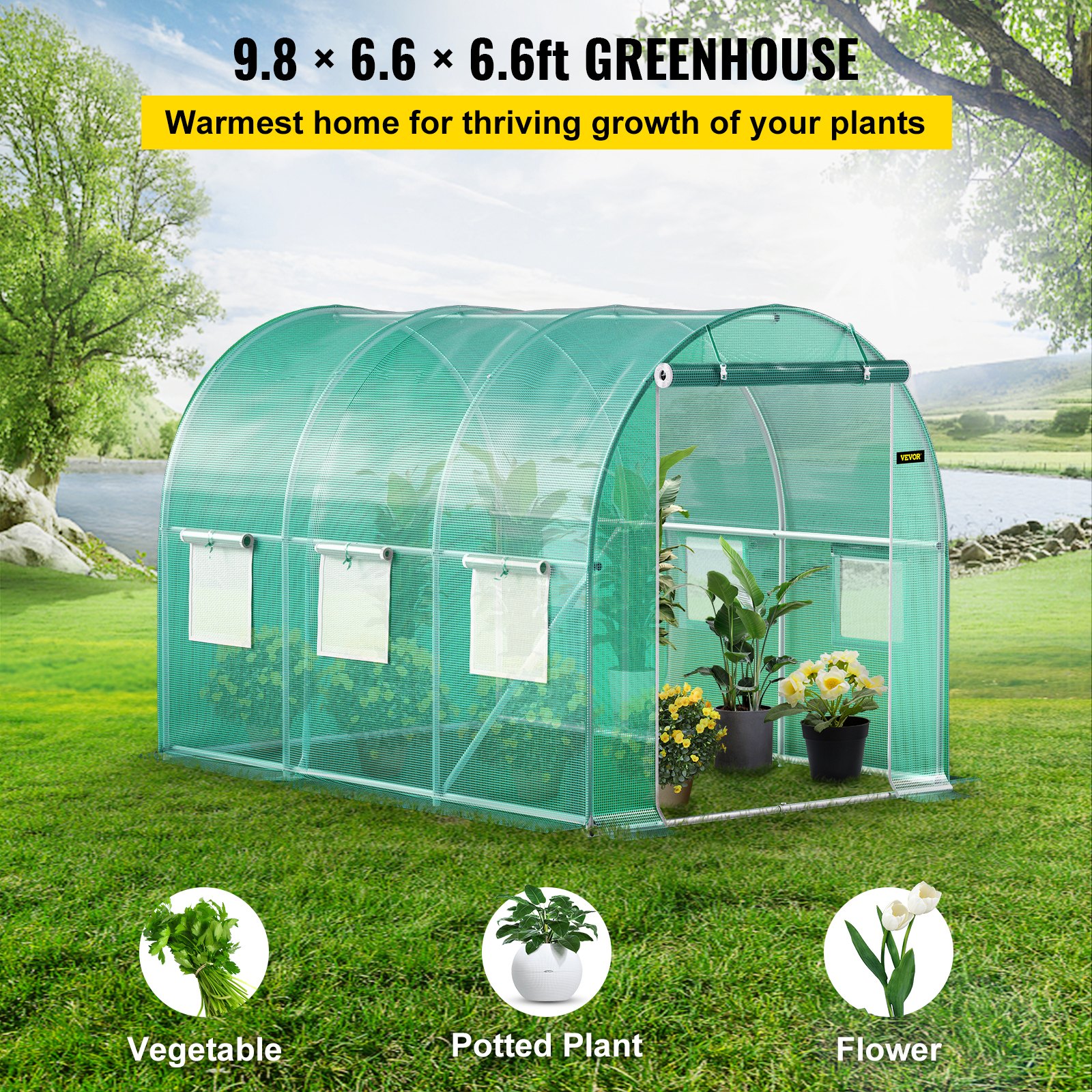 VEVOR 3x2x2 m Walk-in Tunnel Greenhouse with Galvanized Steel Frame, PE Cover, 6 Windows, Zippered Door, Green — изображение 2