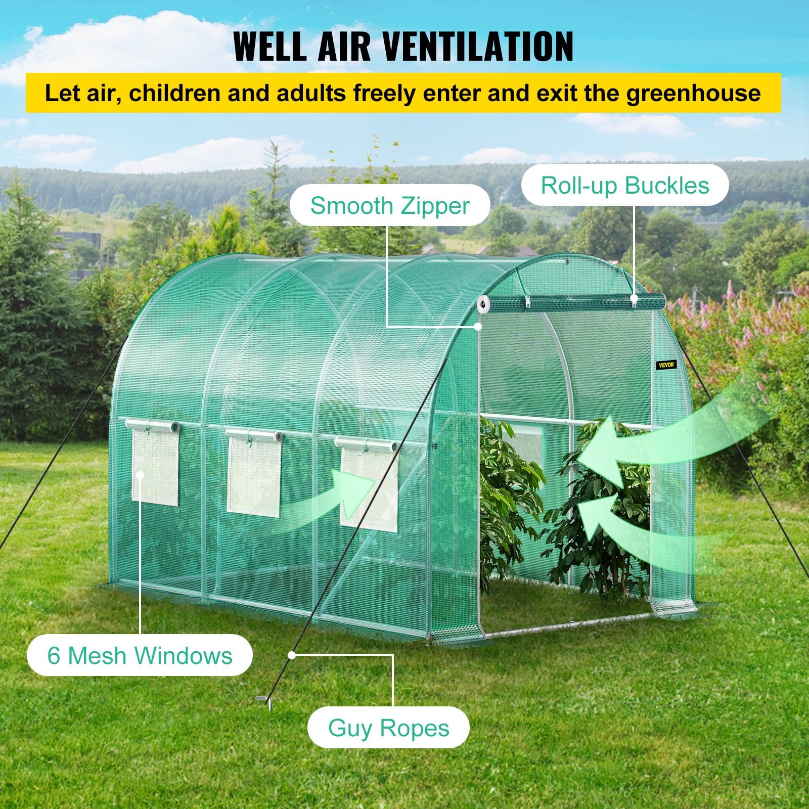 VEVOR 3x2x2 m Walk-in Tunnel Greenhouse with Galvanized Steel Frame, PE Cover, 6 Windows, Zippered Door, Green — изображение 5