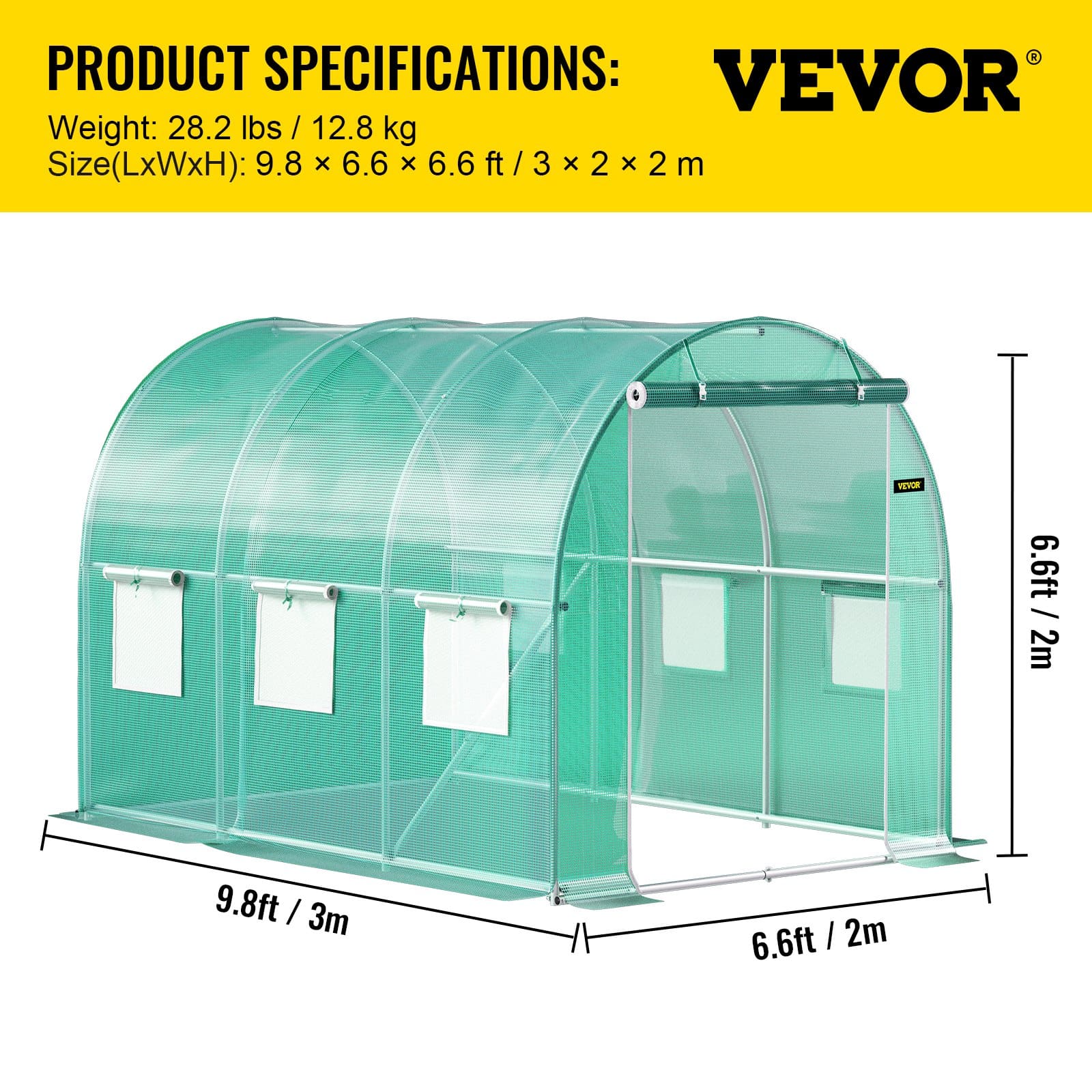 VEVOR 3x2x2 m Walk-in Tunnel Greenhouse with Galvanized Steel Frame, PE Cover, 6 Windows, Zippered Door, Green — изображение 7
