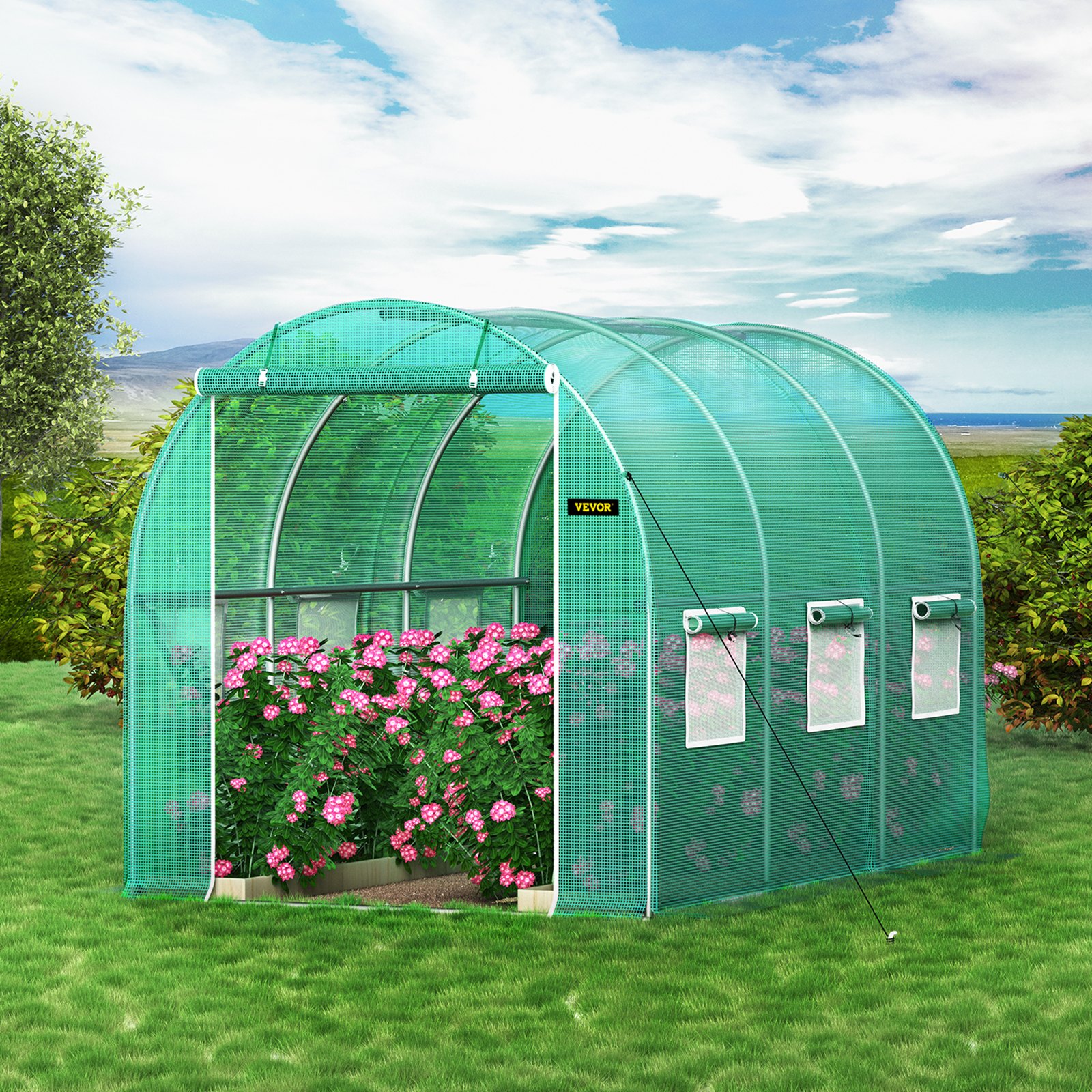 VEVOR 3x2x2 m Walk-in Tunnel Greenhouse with Galvanized Steel Frame, PE Cover, 6 Windows, Zippered Door, Green — изображение 8
