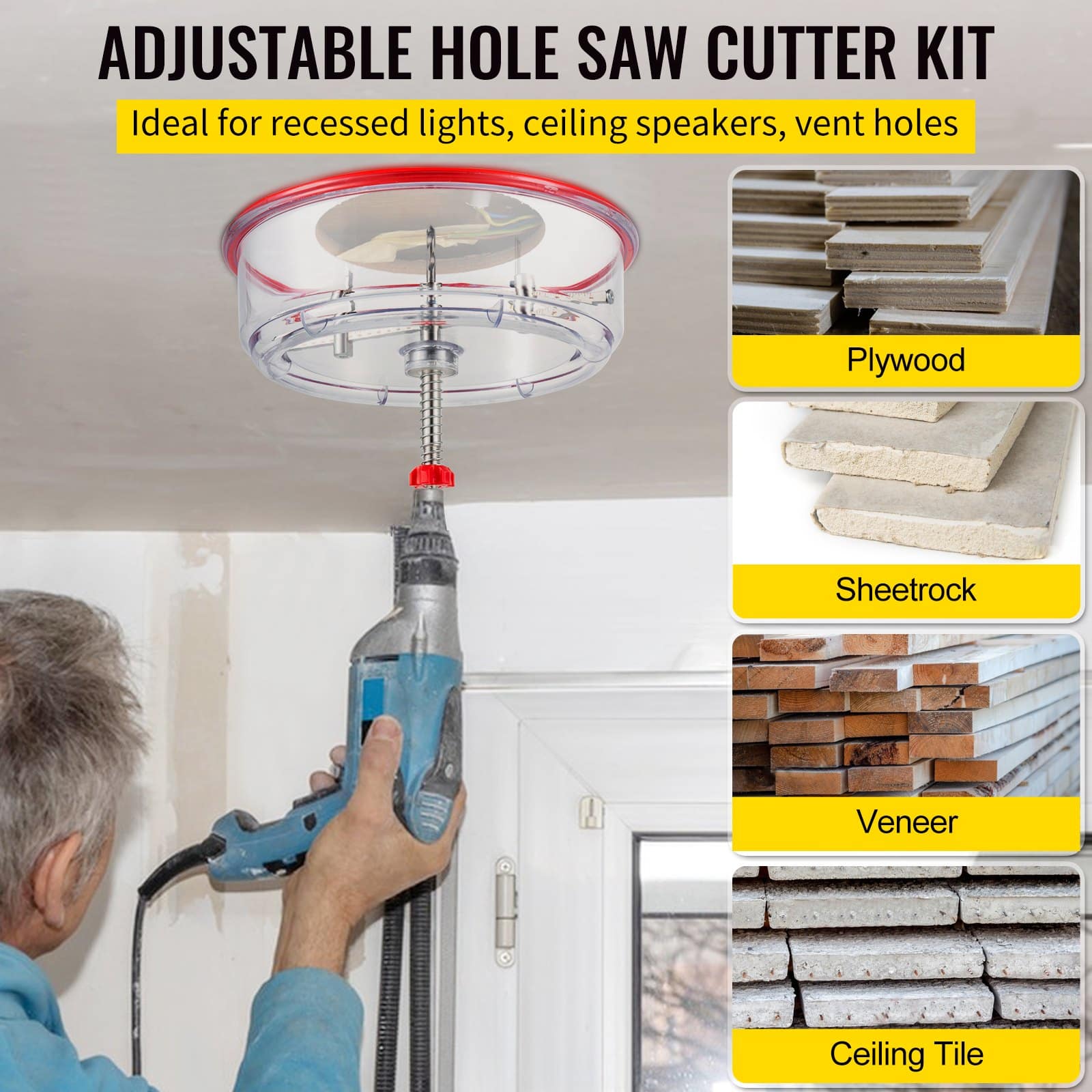 VEVOR Adjustable Hole Saw Cutter Kit 40–300 mm with Dust Shield, Drill Bits & Case for Lights, Speakers, Vent Holes – Paveikslėlis 2