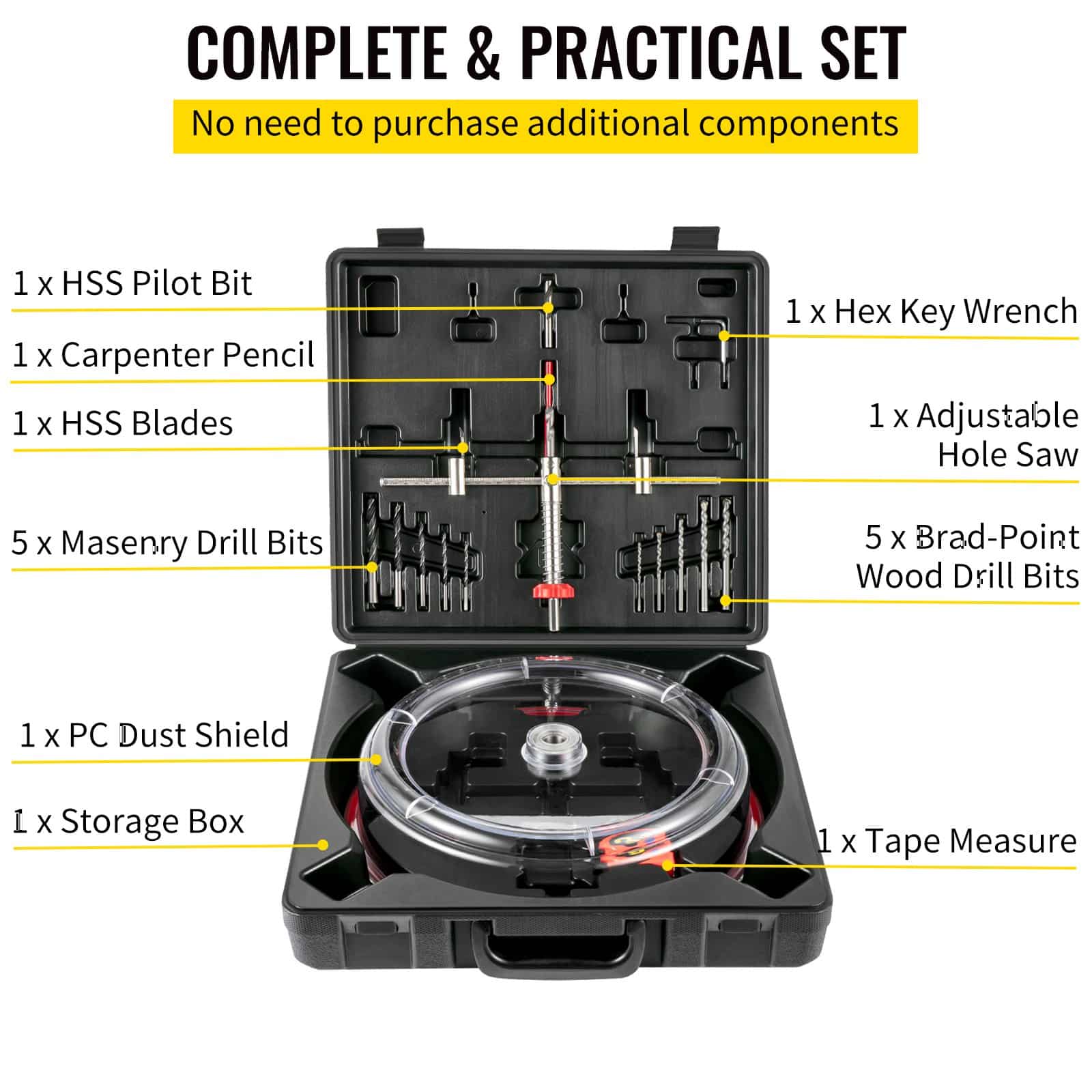 VEVOR Adjustable Hole Saw Cutter Kit 40–300 mm with Dust Shield, Drill Bits & Case for Lights, Speakers, Vent Holes – Paveikslėlis 3