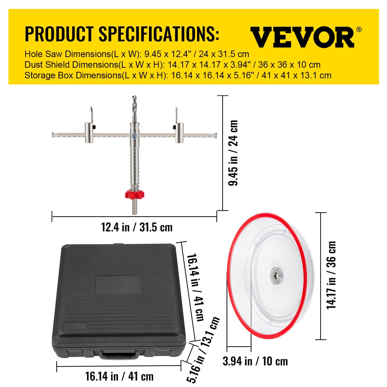 VEVOR Adjustable Hole Saw Cutter Kit 40–300 mm with Dust Shield, Drill Bits & Case for Lights, Speakers, Vent Holes – Paveikslėlis 7