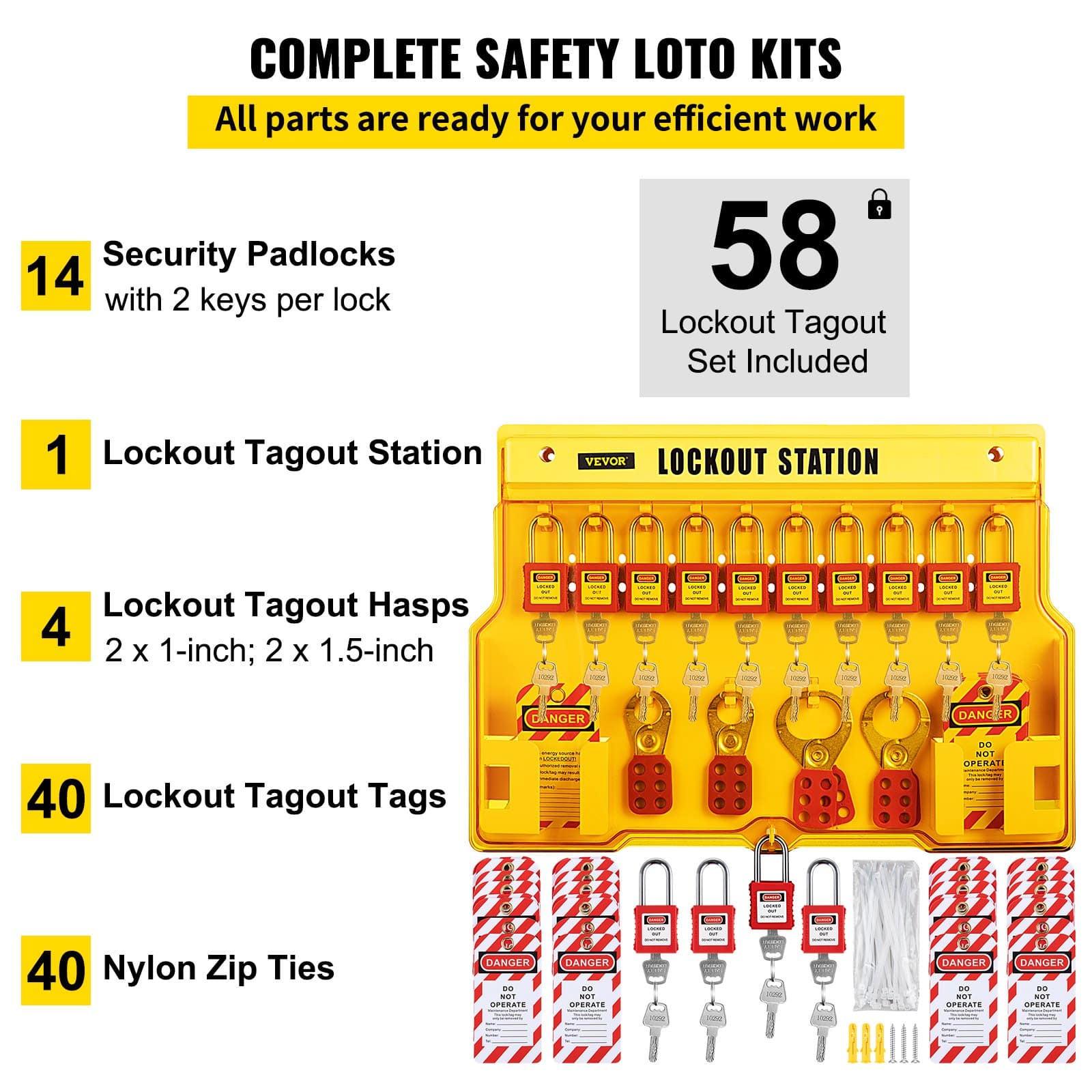 VEVOR 58-Piece Lockout Tagout Kit – Includes Padlocks, Station, Hasps, Tags & Zip Ties for Industrial Electrical Safety - Зображення 3