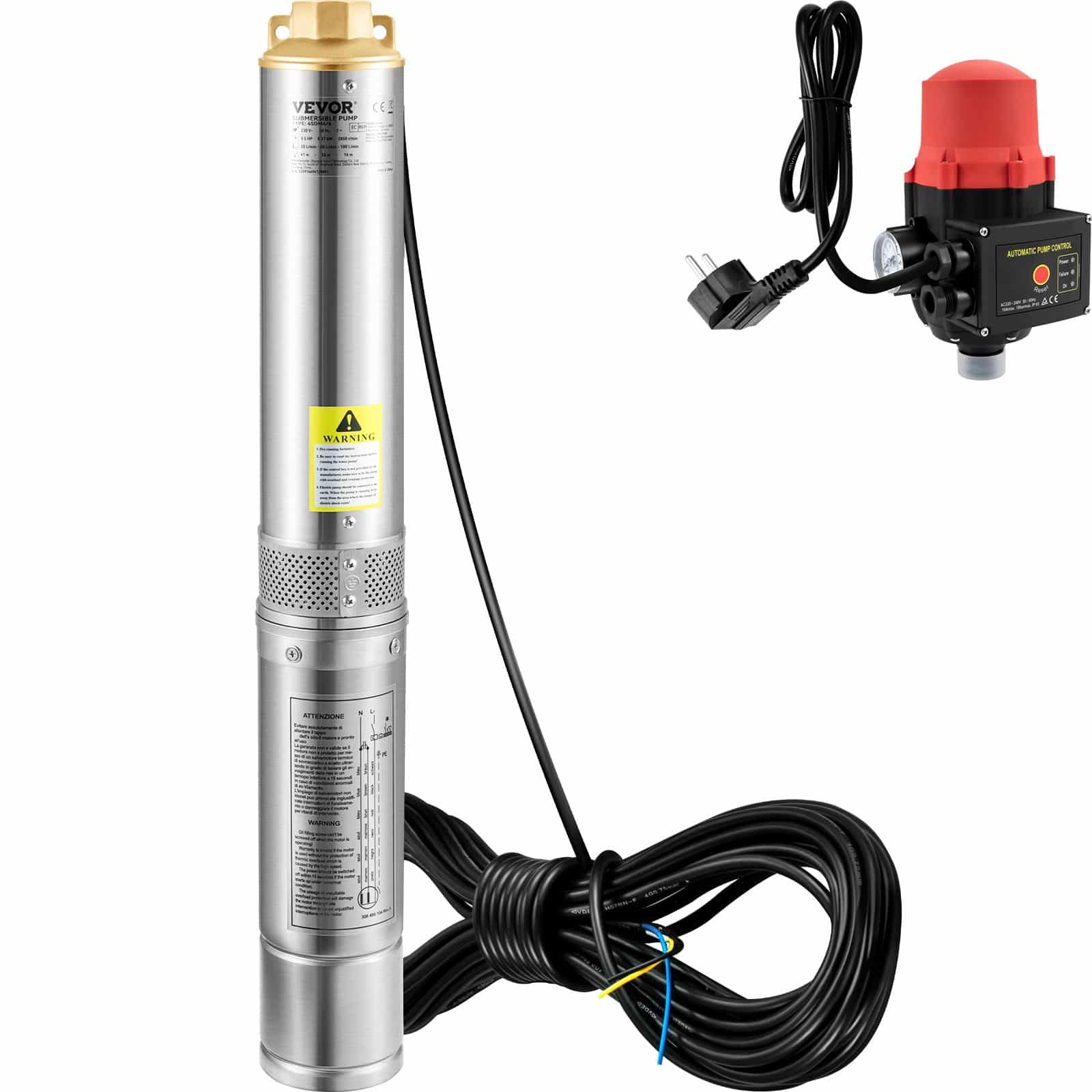 VEVOR 750W Deep Well Submersible Pump, 105L/min Flow, 62m Head, 20m Cable, Stainless Steel, IP68, Auto Switch, for Home & Irrigation - Image 10