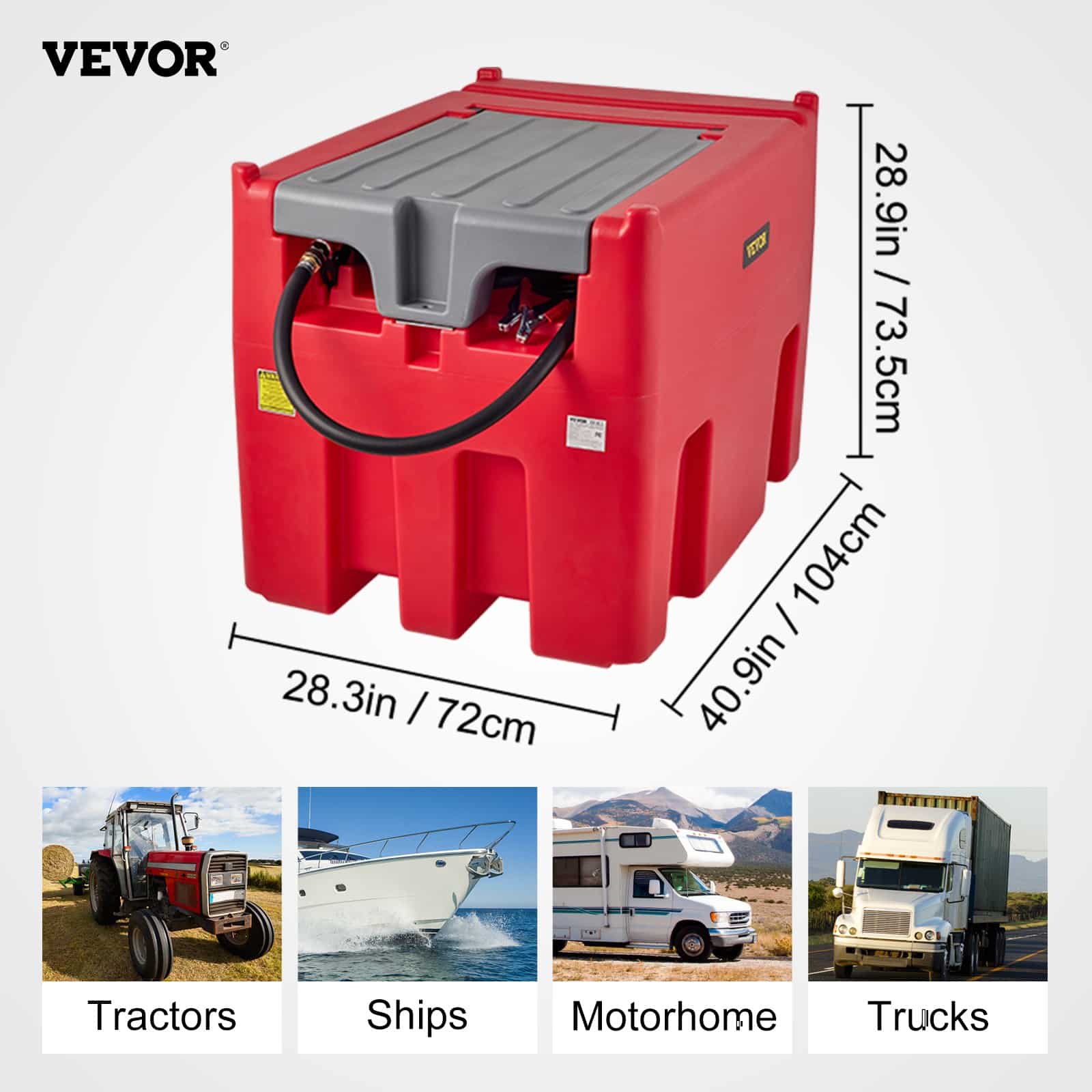 VEVOR 439.1L Portable Diesel Transfer Tank with 12V Electric Pump, 10.6 GPM Flow, 399.3 cm Hose, Red PE Fuel Tank - Pilt 7