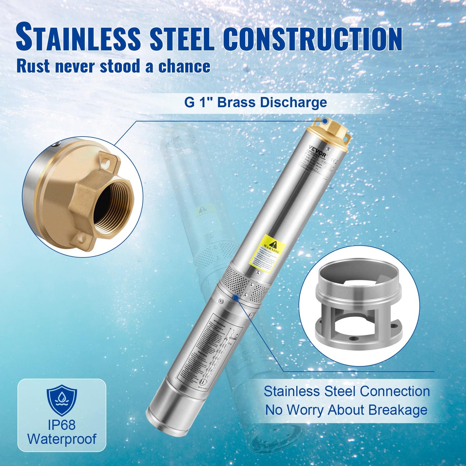 VEVOR 550W Deep Well Submersible Pump, 230V, 50L/min, 89m Head, 20m Cable, Stainless Steel, Auto Pressure Switch, IP68 Waterproof - Image 4