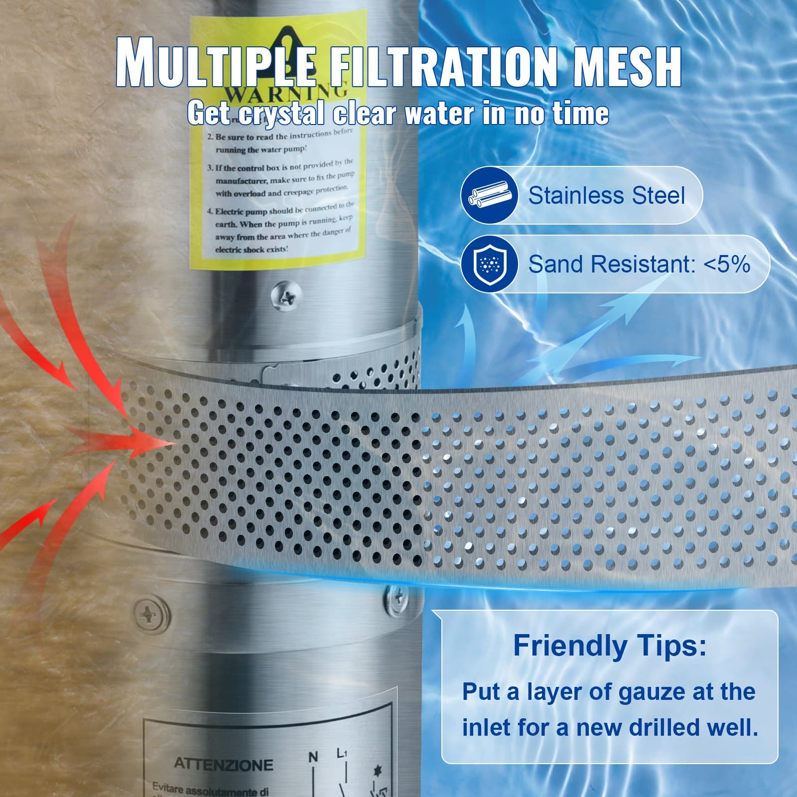 VEVOR 550W Deep Well Submersible Pump, 230V, 50L/min, 89m Head, 20m Cable, Stainless Steel, Auto Pressure Switch, IP68 Waterproof - Image 6