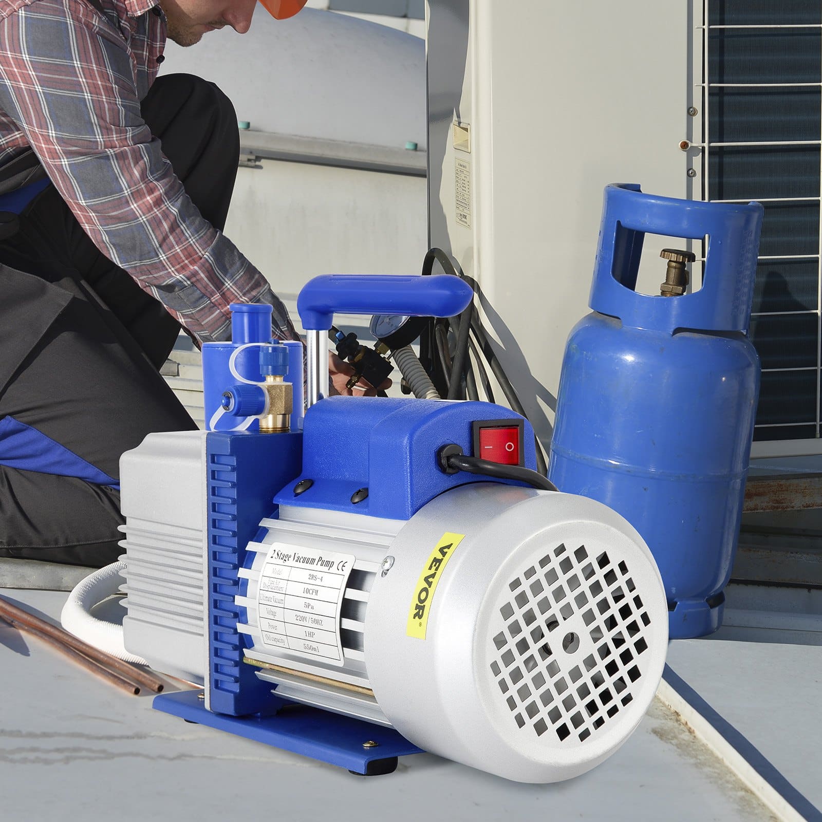 VEVOR 10 CFM 1 HP Two-Stage Rotary Vane Vacuum Pump, 220V, 5 Pa, Oil 550 ml, for HVAC, Auto AC, Food, Wine, Blue - Pilt 8