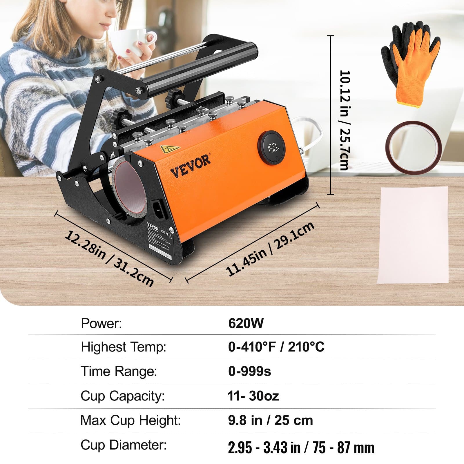 VEVOR Mug Heat Press 850.5g – Sublimation Tumbler Heat Press for 11–30oz Ceramic, Glass, Steel Mugs with Gloves & Tape — изображение 7