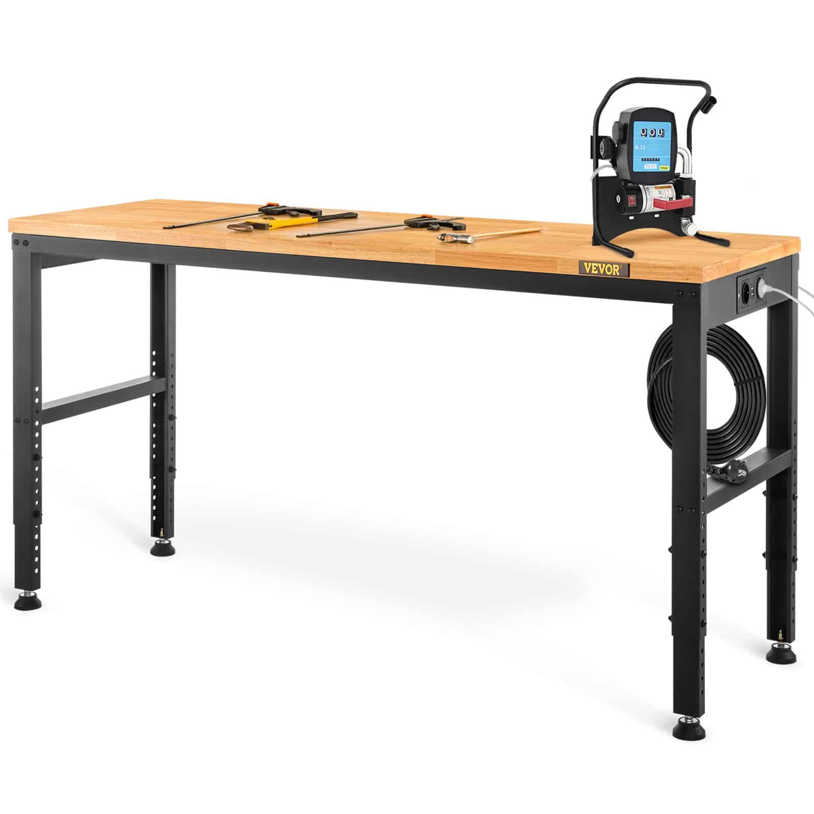 VEVOR Adjustable Workbench 135x46x72–97cm, 900kg Load, Wood Top, Power Outlets, Steel Frame, for Garage, Office, Home