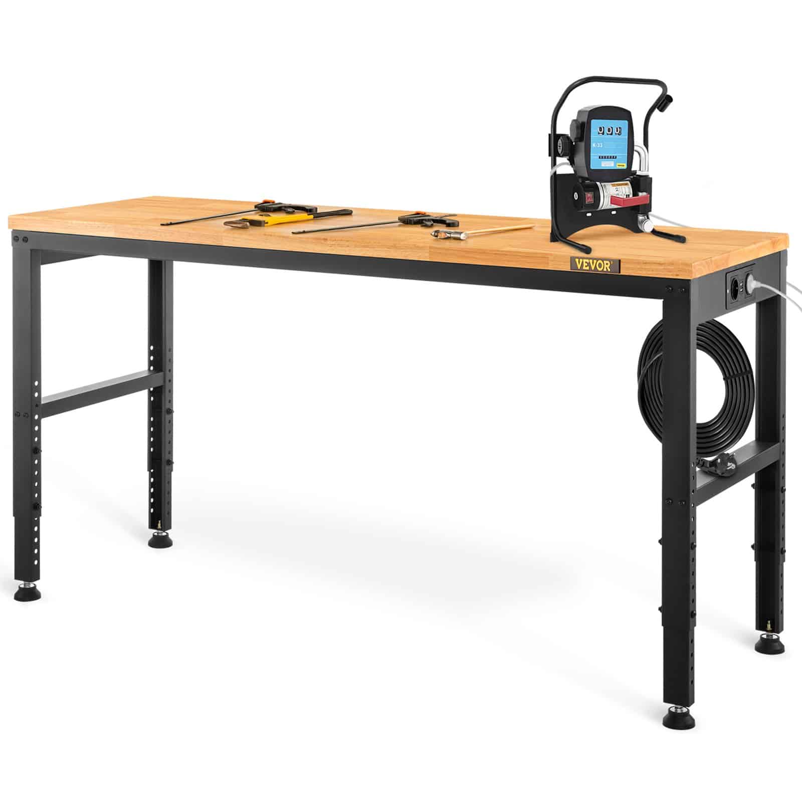 VEVOR Adjustable Workbench 122x61x72–97cm, 900kg Load, Hardwood Top, Power Outlets, Metal Frame, for Garage or Home Office