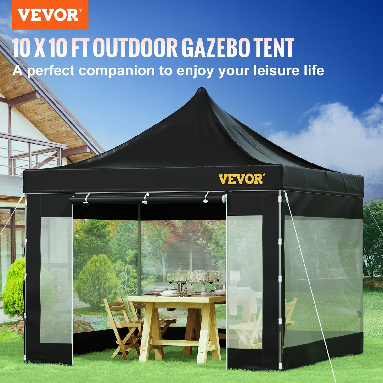 VEVOR 3x3 m Pop Up Canopy Tent with Removable PVC Sidewalls, UV & Waterproof Gazebo with Wheeled Bag for Outdoor Use, Black - Зображення 2