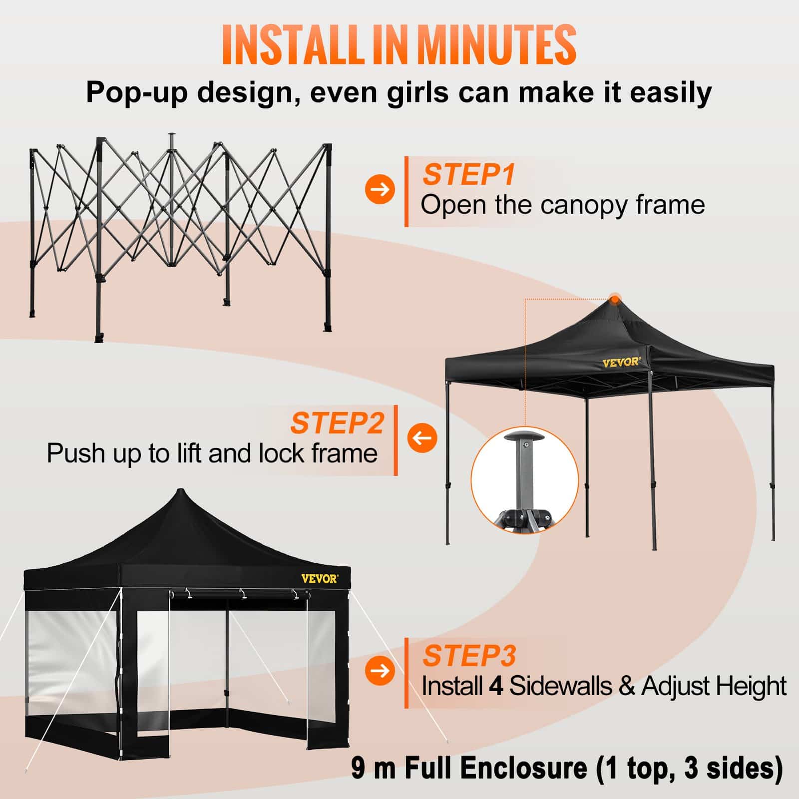 VEVOR 3x3 m Pop Up Canopy Tent with Removable PVC Sidewalls, UV & Waterproof Gazebo with Wheeled Bag for Outdoor Use, Black - Зображення 5