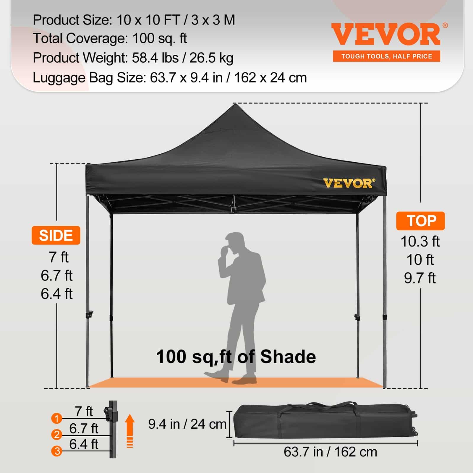 VEVOR 3x3 m Pop Up Canopy Tent with Removable PVC Sidewalls, UV & Waterproof Gazebo with Wheeled Bag for Outdoor Use, Black - Зображення 7