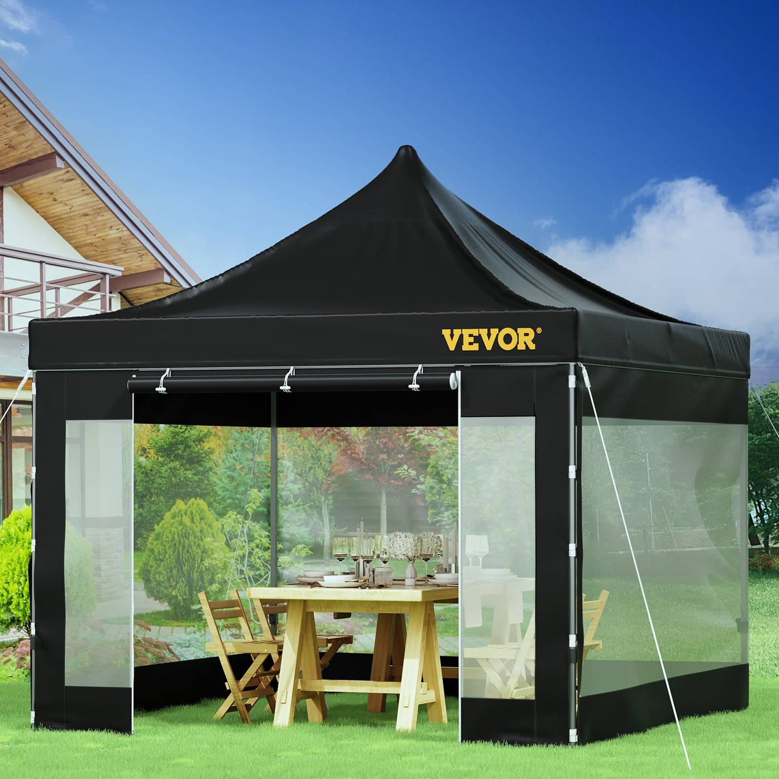 VEVOR 3x3 m Pop Up Canopy Tent with Removable PVC Sidewalls, UV & Waterproof Gazebo with Wheeled Bag for Outdoor Use, Black - Зображення 8