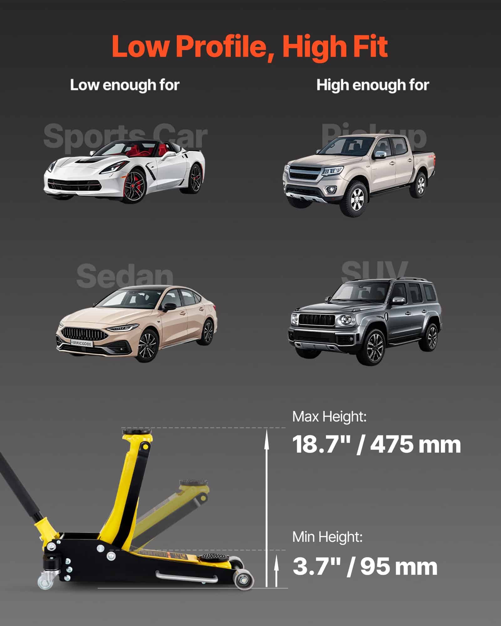 VEVOR 2.5 Ton Low Profile Racing Floor Jack, Aluminum & Steel, Dual Pistons, Quick Lift Pump, 95–475 mm Lifting Range — attēls 3