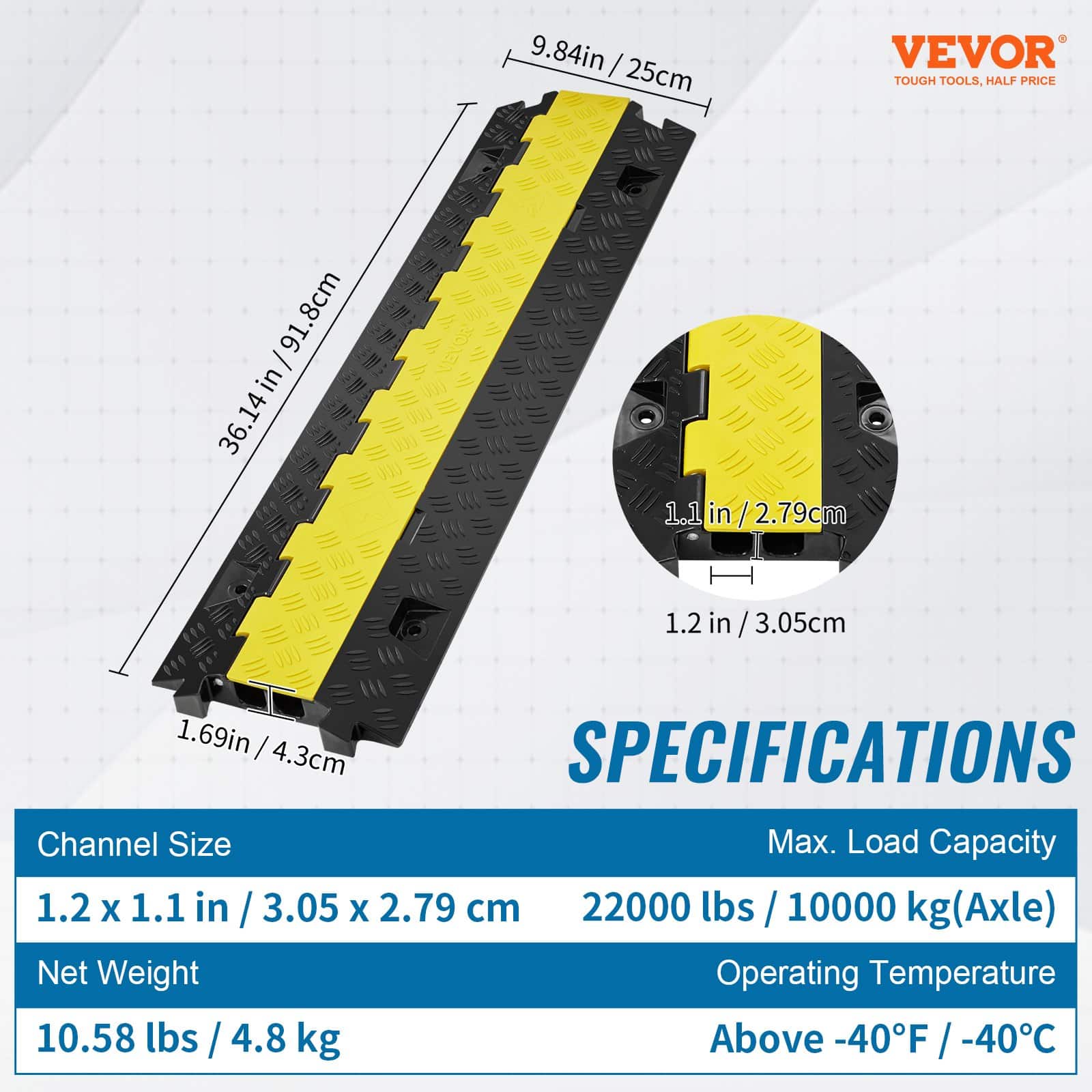VEVOR 2-Channel Cable Protector Ramp 91.8x25x4.3 cm, TPU/TPR Cover, 9979 kg/axle Load, for Indoor & Outdoor Use - Зображення 7