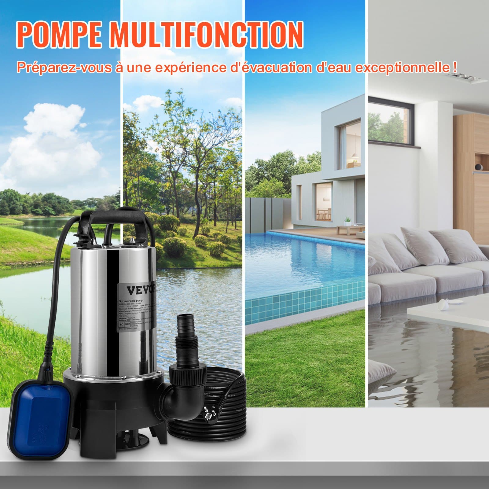 VEVOR 1100W Submersible Water Pump, 20000L/h Flow, 10m Cord, Float Switch, Stainless Steel for Clean/Dirty Water, Pools, Ponds - Image 2