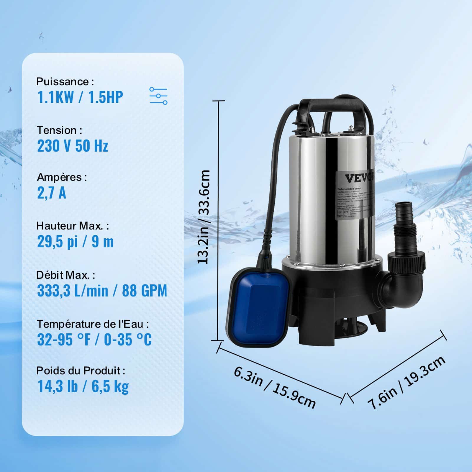 VEVOR 1100W Submersible Water Pump, 20000L/h Flow, 10m Cord, Float Switch, Stainless Steel for Clean/Dirty Water, Pools, Ponds - Image 7