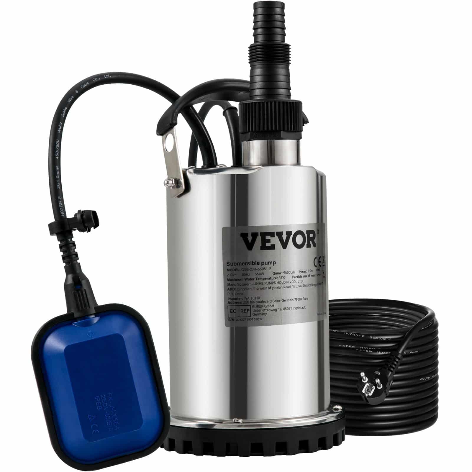 VEVOR 550W iegremdējamais ūdens sūknis 9500L/h, 10m vads, pludiņa slēdzis, nerūsējošais tērauds, baseiniem, applūdušām zonām, laistīšanai