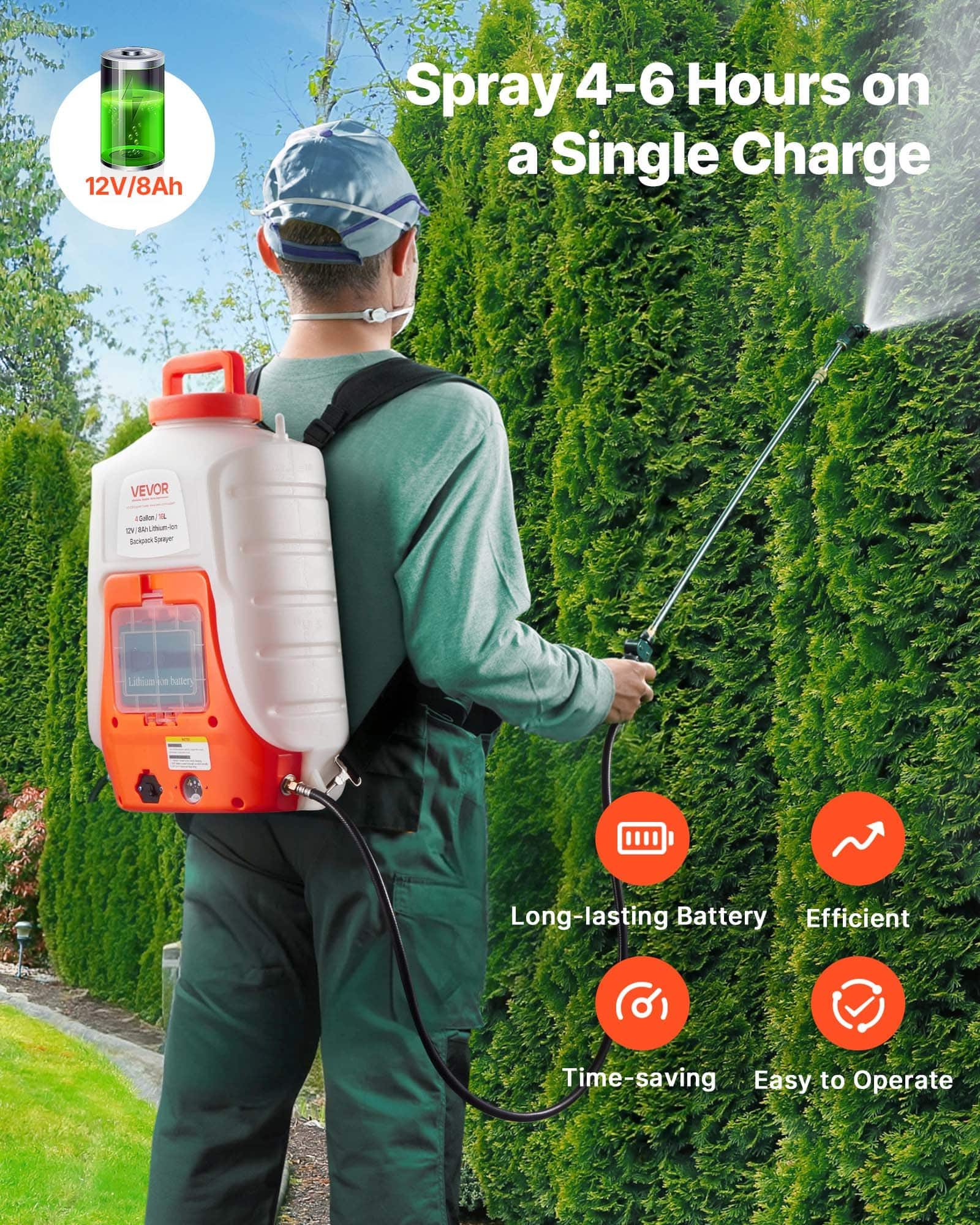 VEVOR 15L Battery Backpack Sprayer with 0–6.2 bar Adjustable Pressure, 8Ah Battery, 8 Nozzles, 2 Wands - Pilt 3
