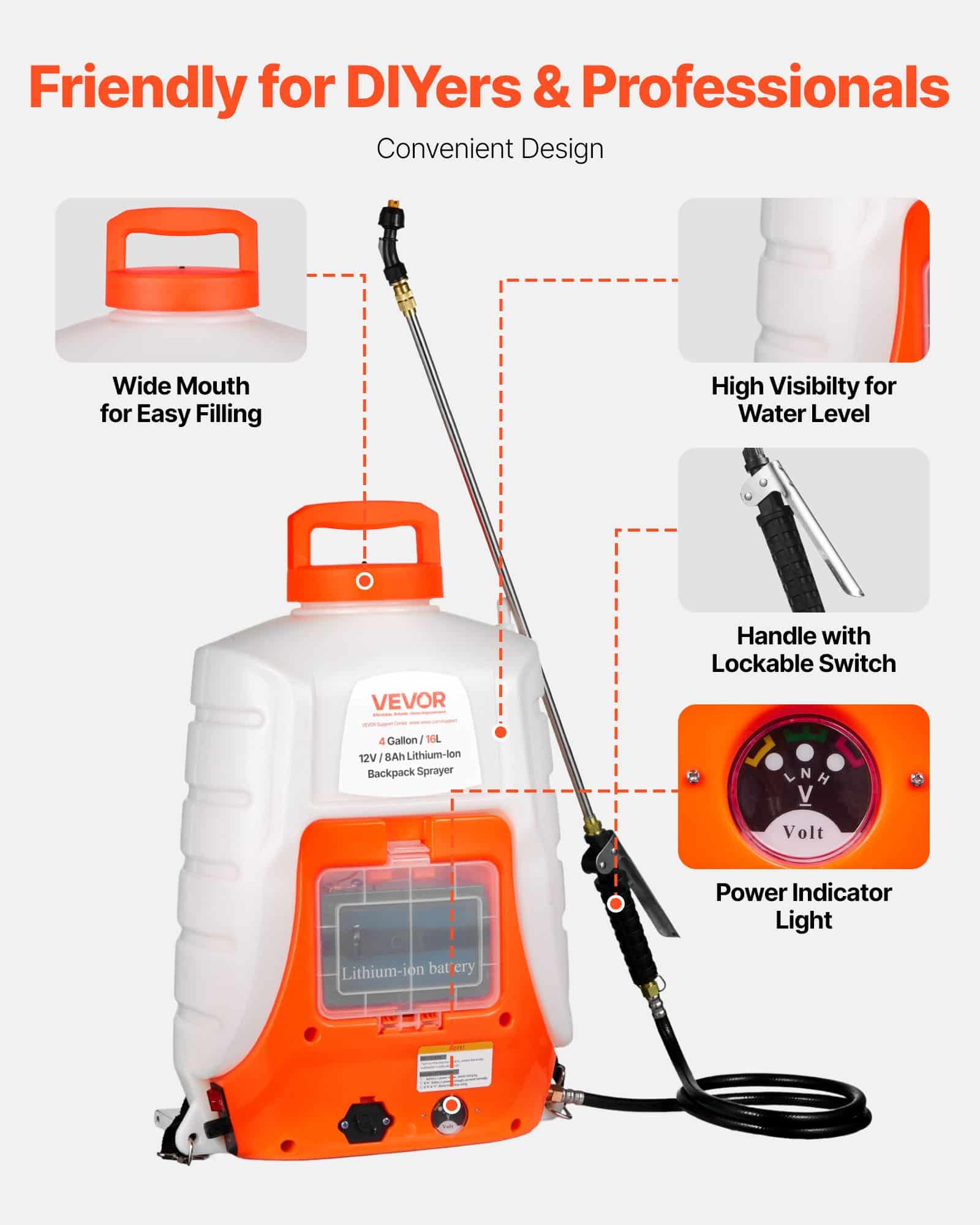 VEVOR 15L Battery Backpack Sprayer with 0–6.2 bar Adjustable Pressure, 8Ah Battery, 8 Nozzles, 2 Wands - Pilt 6