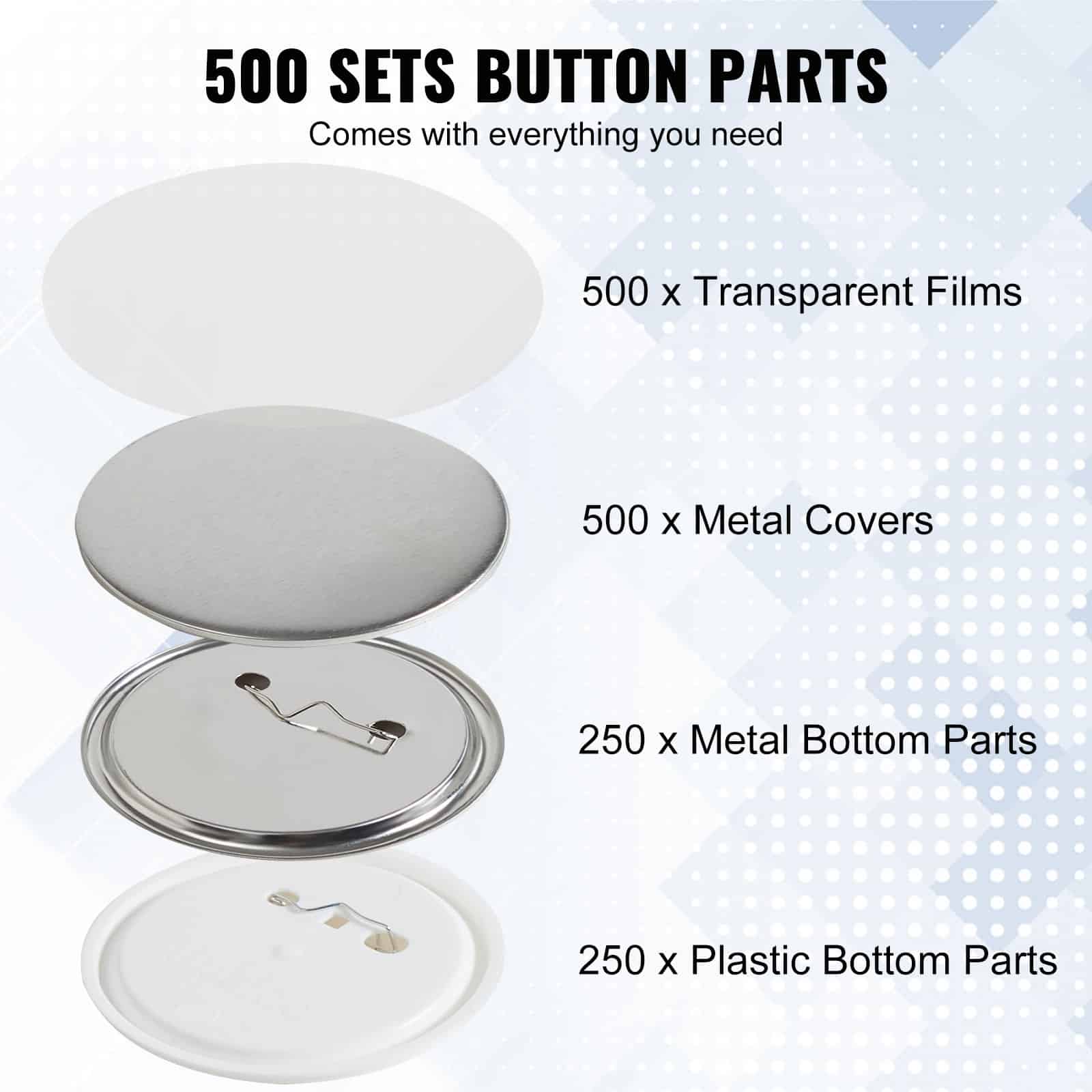 VEVOR 500 Sets 58mm DIY Pin Back Button Badge Parts Kit – Includes Metal Tops, Plastic/Metal Bottoms, Films & Paper (Machine Not Included) — Attēls 3