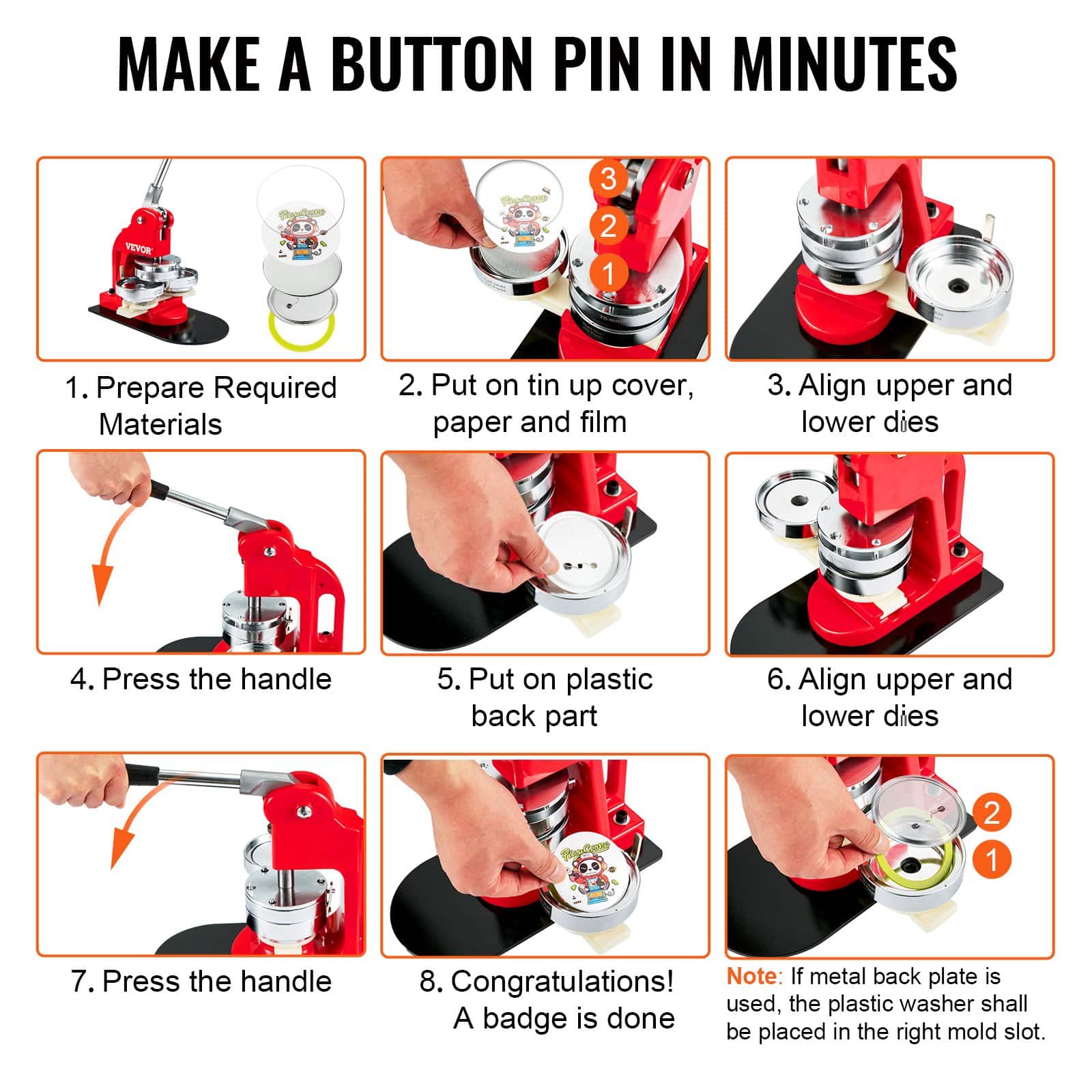 VEVOR 500 Sets 58mm DIY Pin Back Button Badge Parts Kit – Includes Metal Tops, Plastic/Metal Bottoms, Films & Paper (Machine Not Included) — Attēls 6
