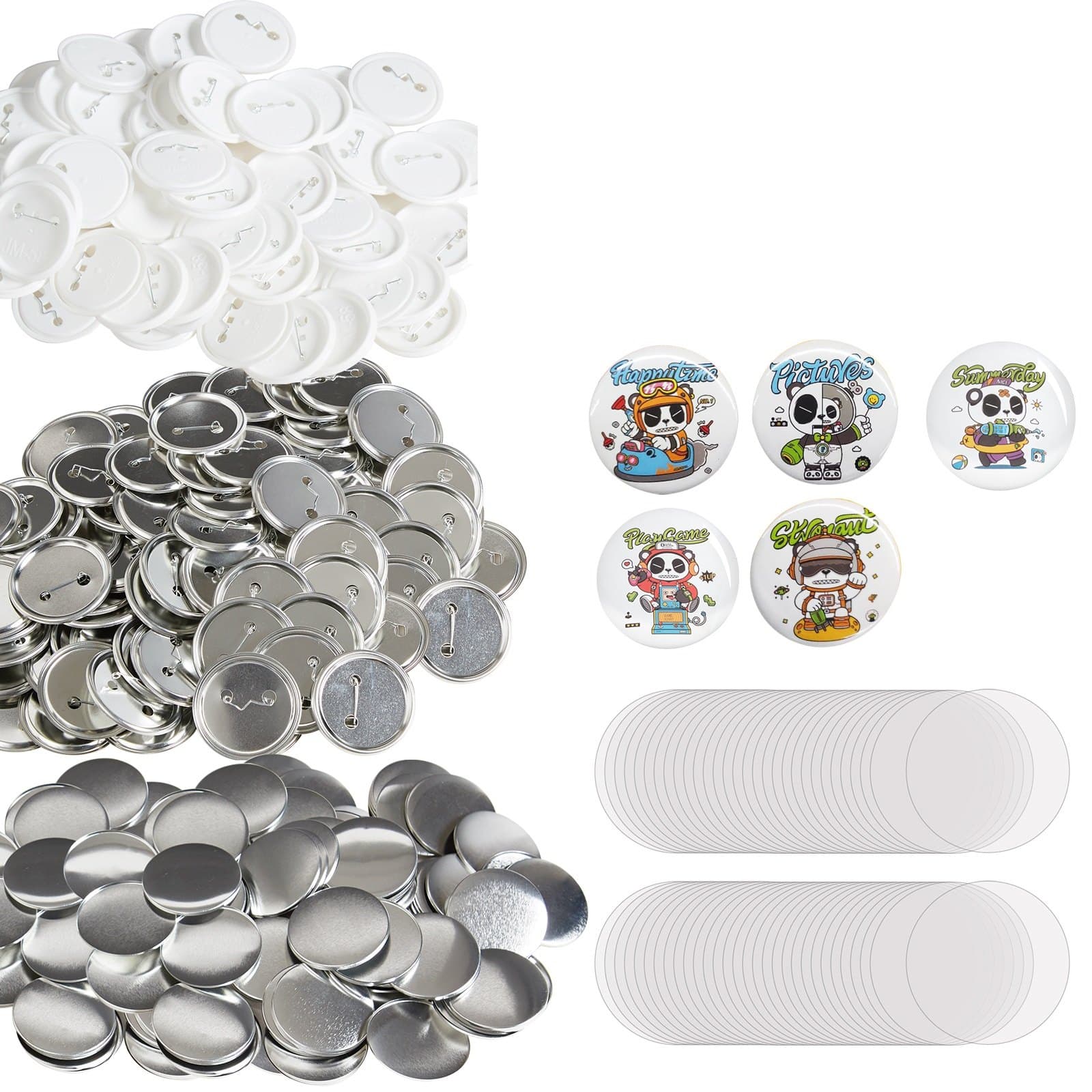 VEVOR 500 Sets 58mm DIY Pin Back Button Badge Parts Kit – Includes Metal Tops, Plastic/Metal Bottoms, Films & Paper (Machine Not Included)