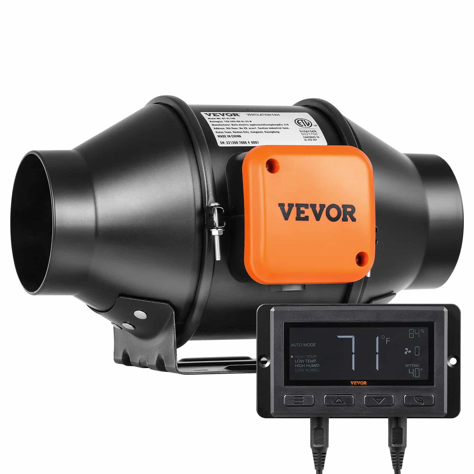 VEVOR 102mm Quiet Inline Duct Fan with EC Motor, 349 m³/h Airflow & Temp/Humidity Controller for Hydroponics & Ventilation