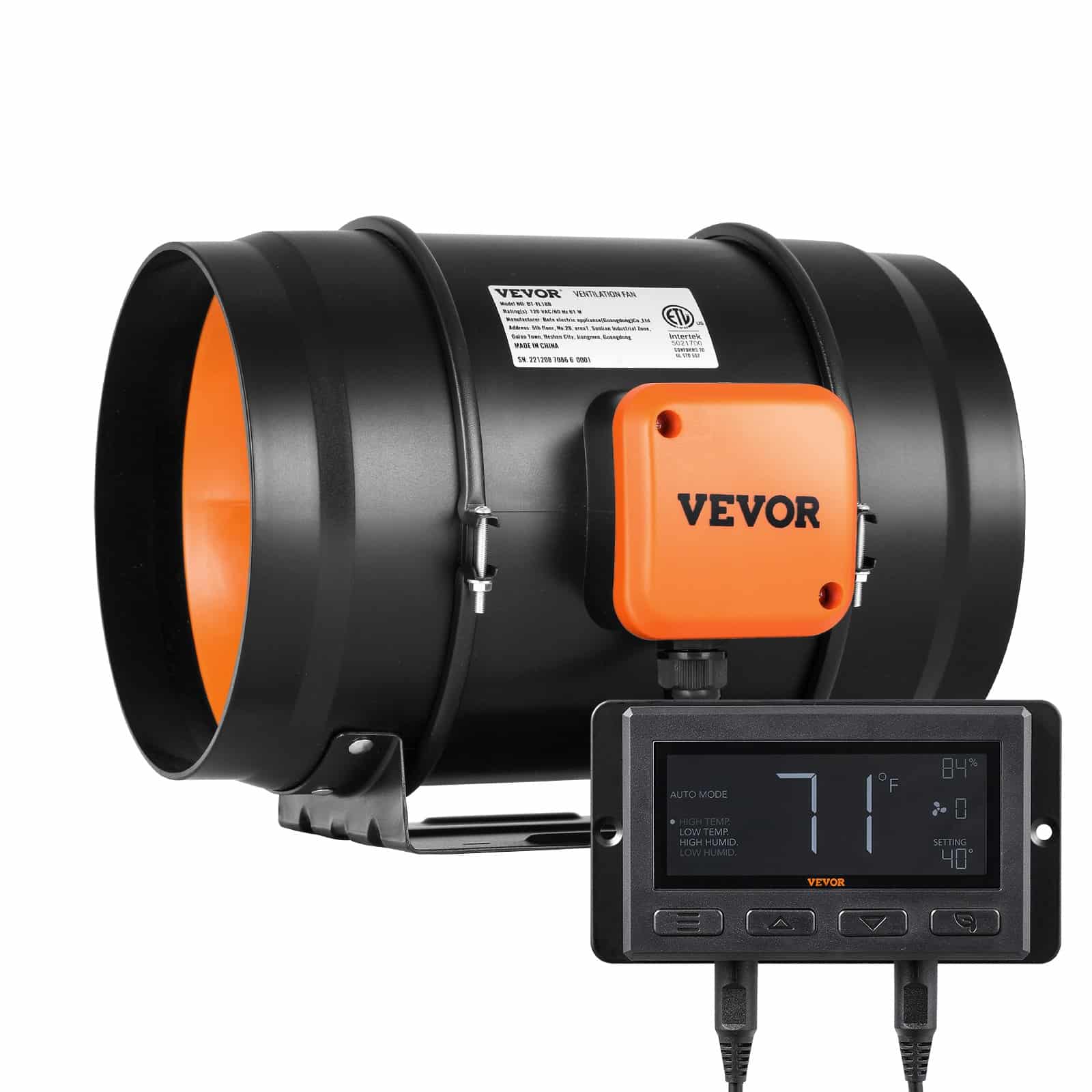 VEVOR 203 mm Inline Duct Fan 807 m³/h with Temp & Humidity Controller, Quiet EC Motor for Grow Tents & Ventilation