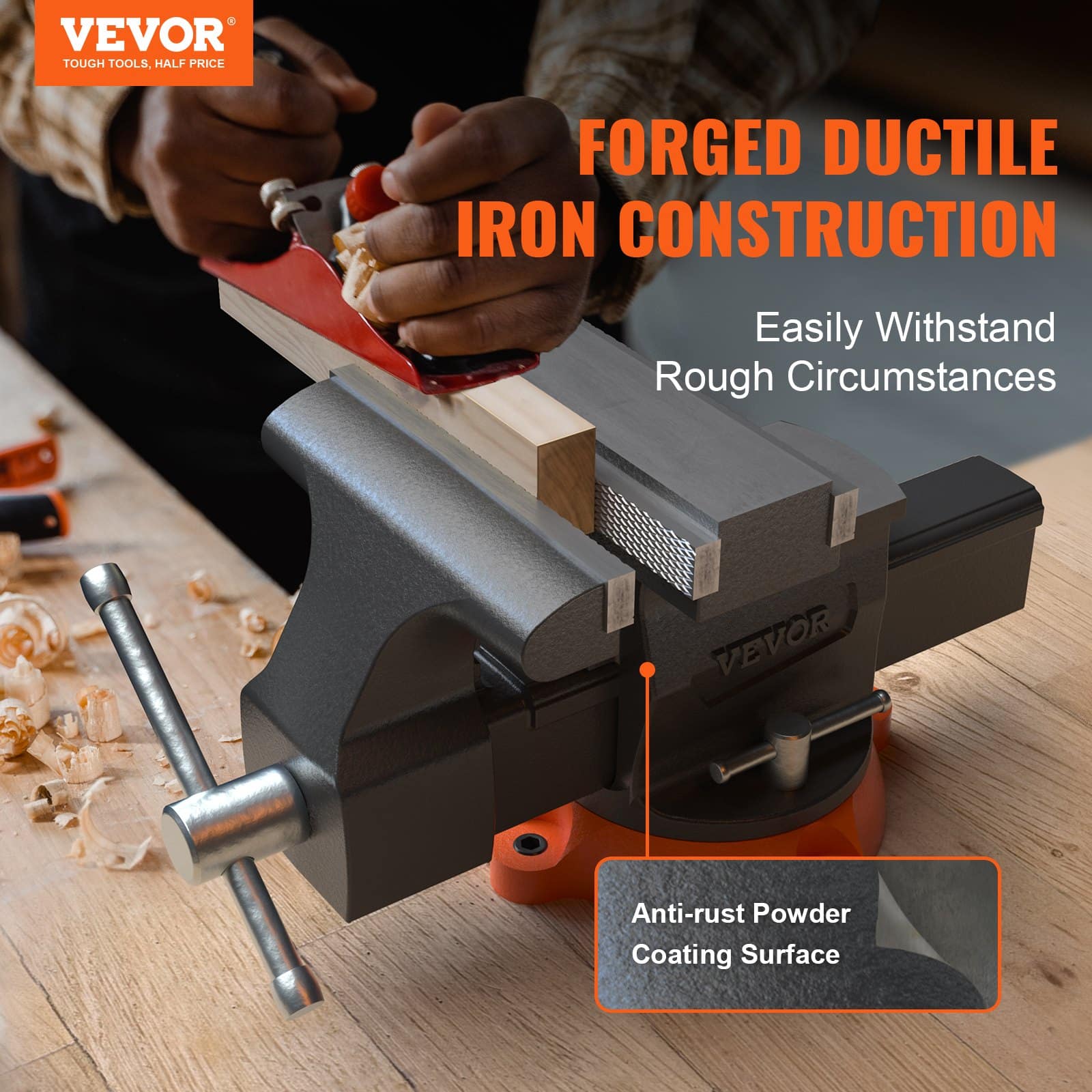 VEVOR 16.7 cm Heavy Duty Bench Vise with 360° Swivel Base, Anvil, 23.5 cm Jaw Opening, Ductile Iron, for Drilling & Pipe Work - Зображення 2