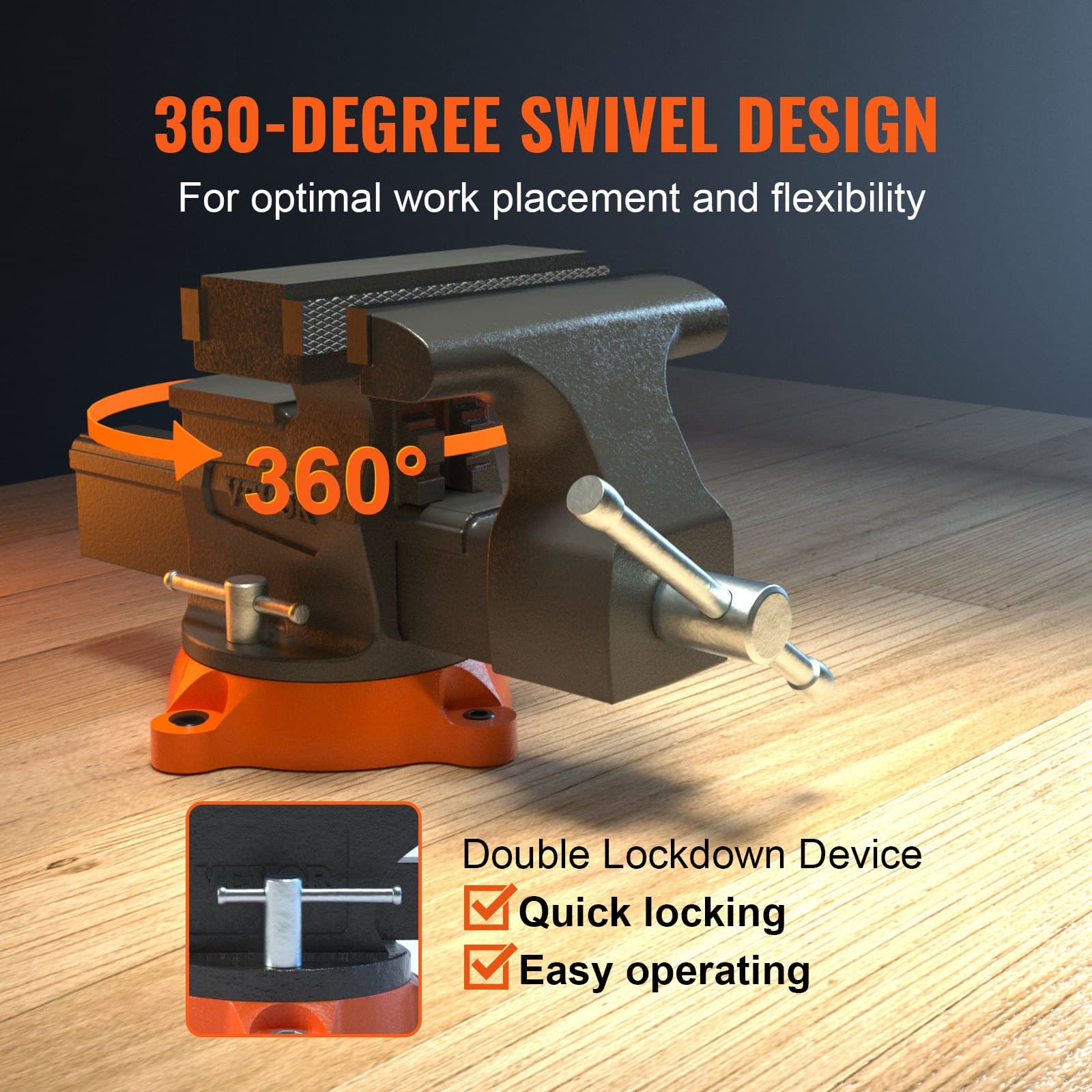 VEVOR 16.7 cm Heavy Duty Bench Vise with 360° Swivel Base, Anvil, 23.5 cm Jaw Opening, Ductile Iron, for Drilling & Pipe Work - Зображення 5