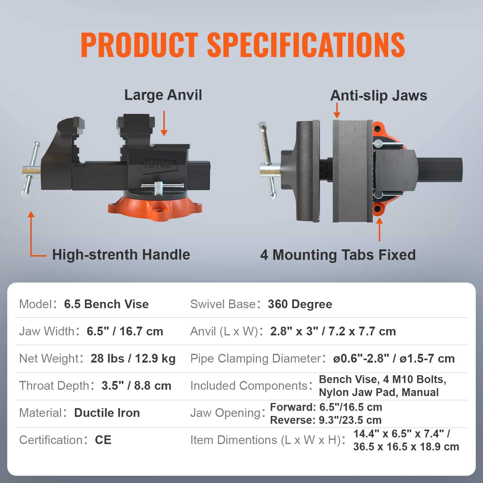 VEVOR 16.7 cm Heavy Duty Bench Vise with 360° Swivel Base, Anvil, 23.5 cm Jaw Opening, Ductile Iron, for Drilling & Pipe Work - Зображення 7