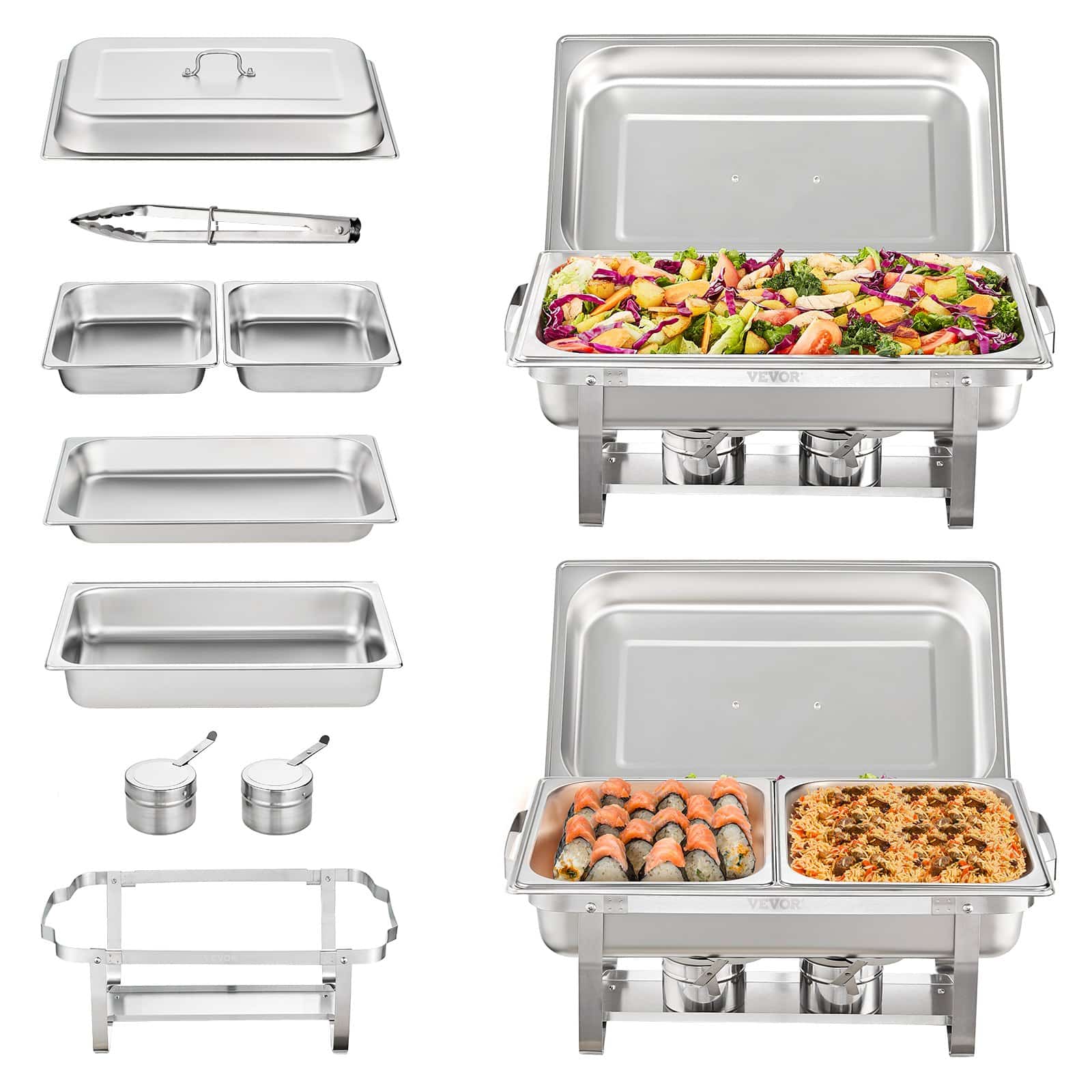 VEVOR 2-Pack Chafing Dish Set with 2 Full-Size 7.6L & 4 Half-Size 3.8L Pans, Stainless Steel Buffet Warmer