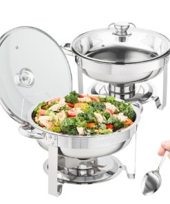 VEVOR 2-Pack Round Chafing Dish Set with 3.8L Full-Size Pans, Glass Lid & Fuel Holder – Stainless Steel Buffet Warmer
