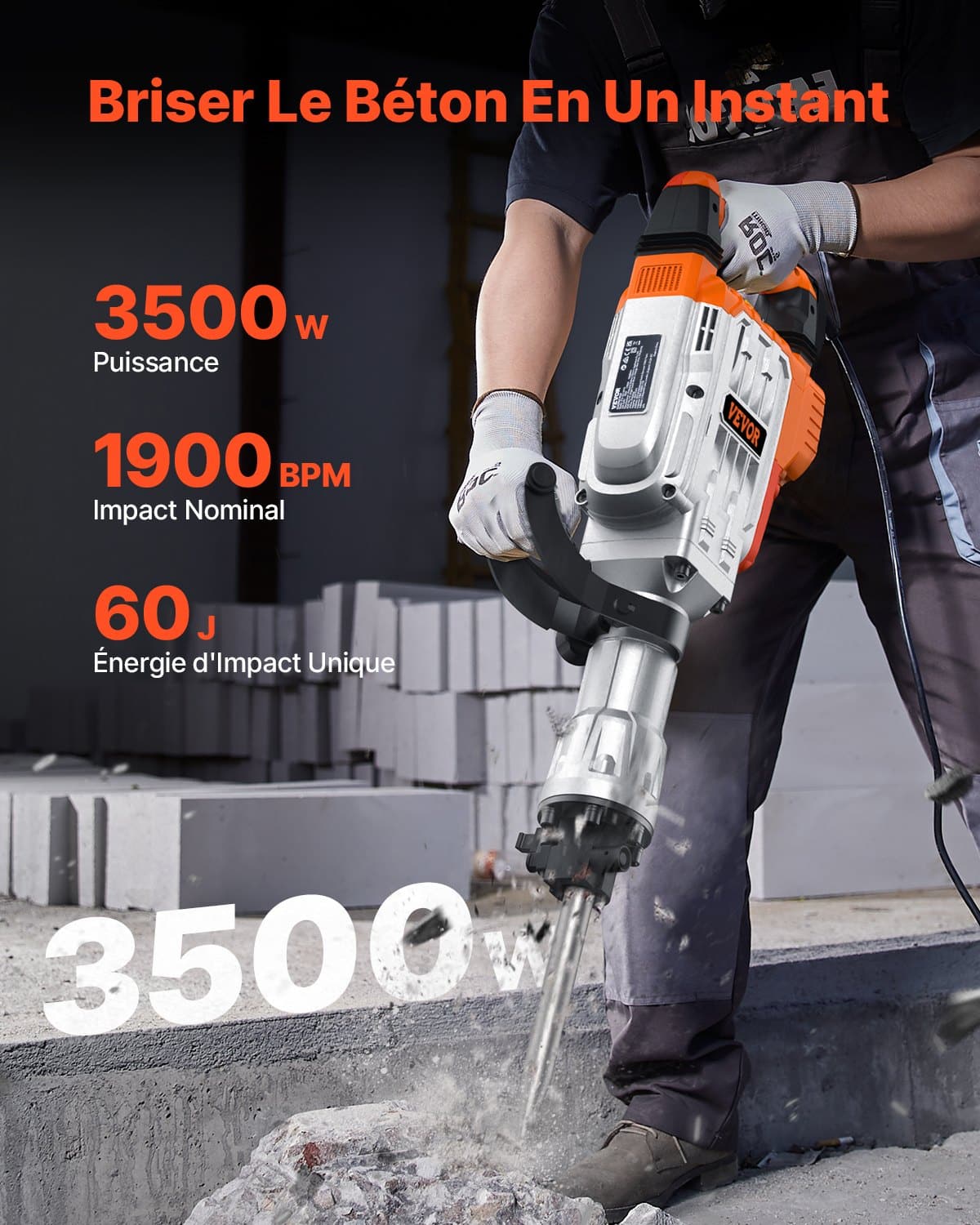 VEVOR 3500W Electric Demolition Jack Hammer, 60J Impact, 1900 BPM, 2 Chisels, 360° Handle, Gloves, Case, 220V Concrete Breaker — изображение 2