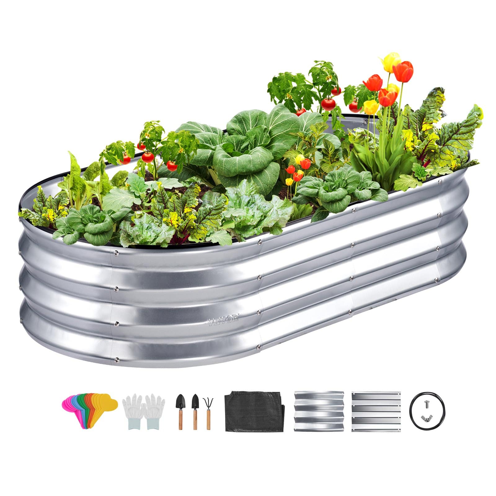 VEVOR 122.4x62.5x28 cm Galvanized Metal Raised Garden Bed with Open Base, Silver Planter Box for Outdoor Flowers & Vegetables