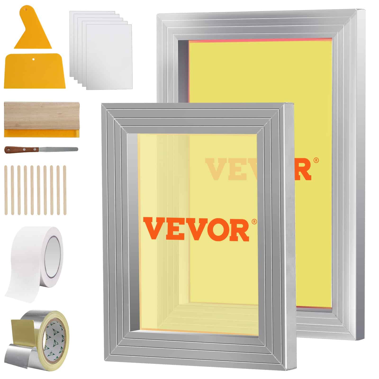 VEVOR Screen Printing Kit with 2 Aluminum Frames (20x25cm & 25x35cm), 110 Mesh, Squeegees, Tapes & Films for DIY T-Shirts