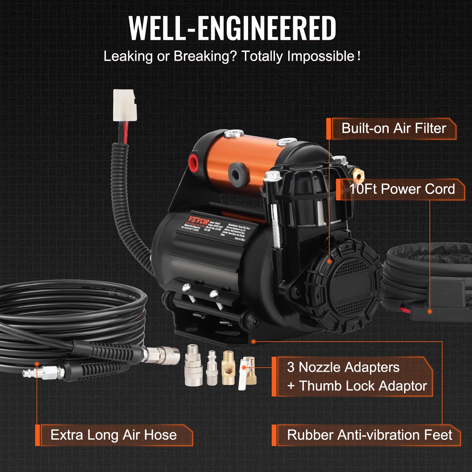 VEVOR 12V Onboard Air Compressor 10.8kg, 150PSI, 99L/min, Offroad Tire Inflator with Mount Kit & Accessories - Pilt 5
