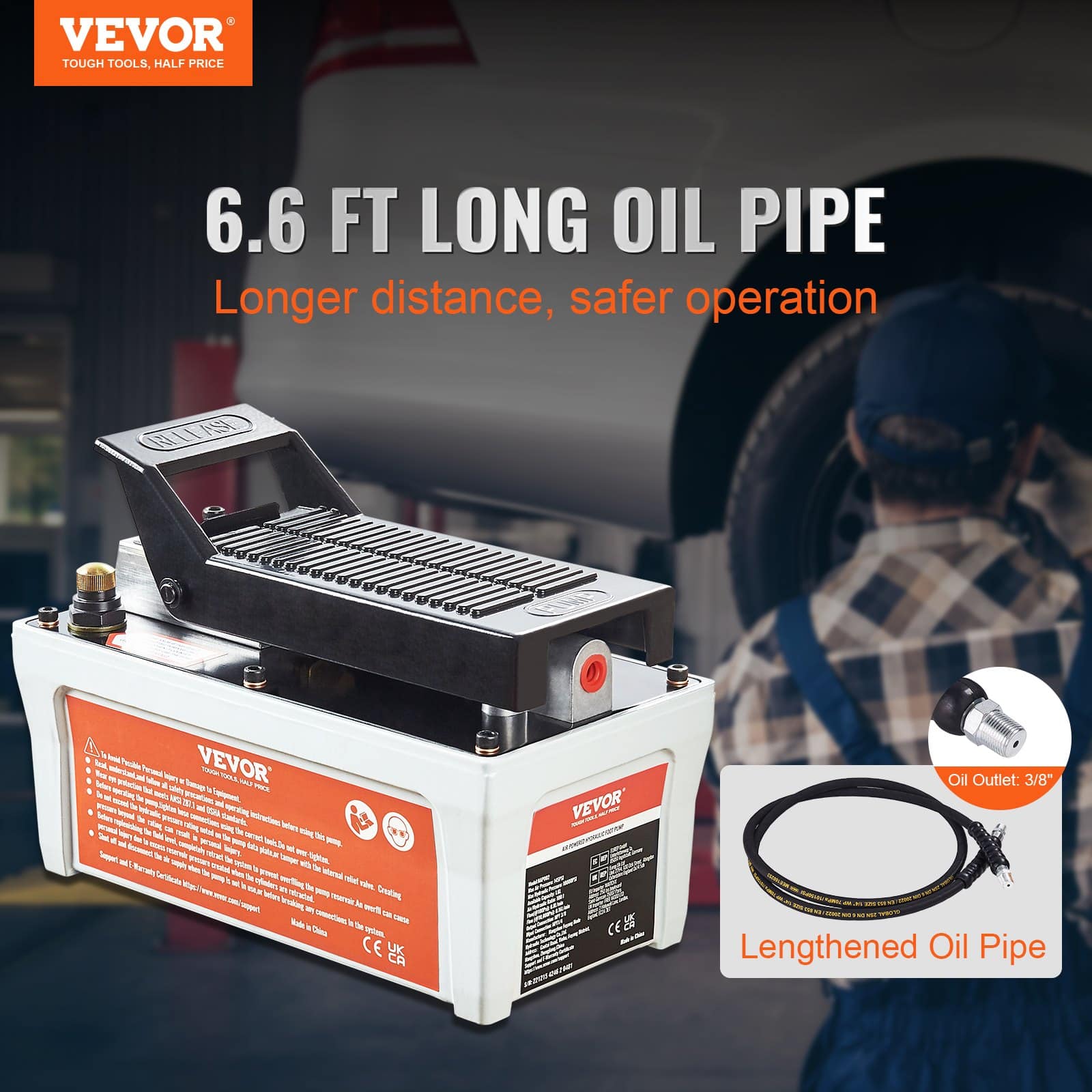 VEVOR Air Hydraulic Foot Pump, 6895 Bar, 1.9L Tank, 2m Hose, NPT 10mm Outlet, 6.4mm Inlet, for Auto Body & Frame Machines, Gray - Image 2