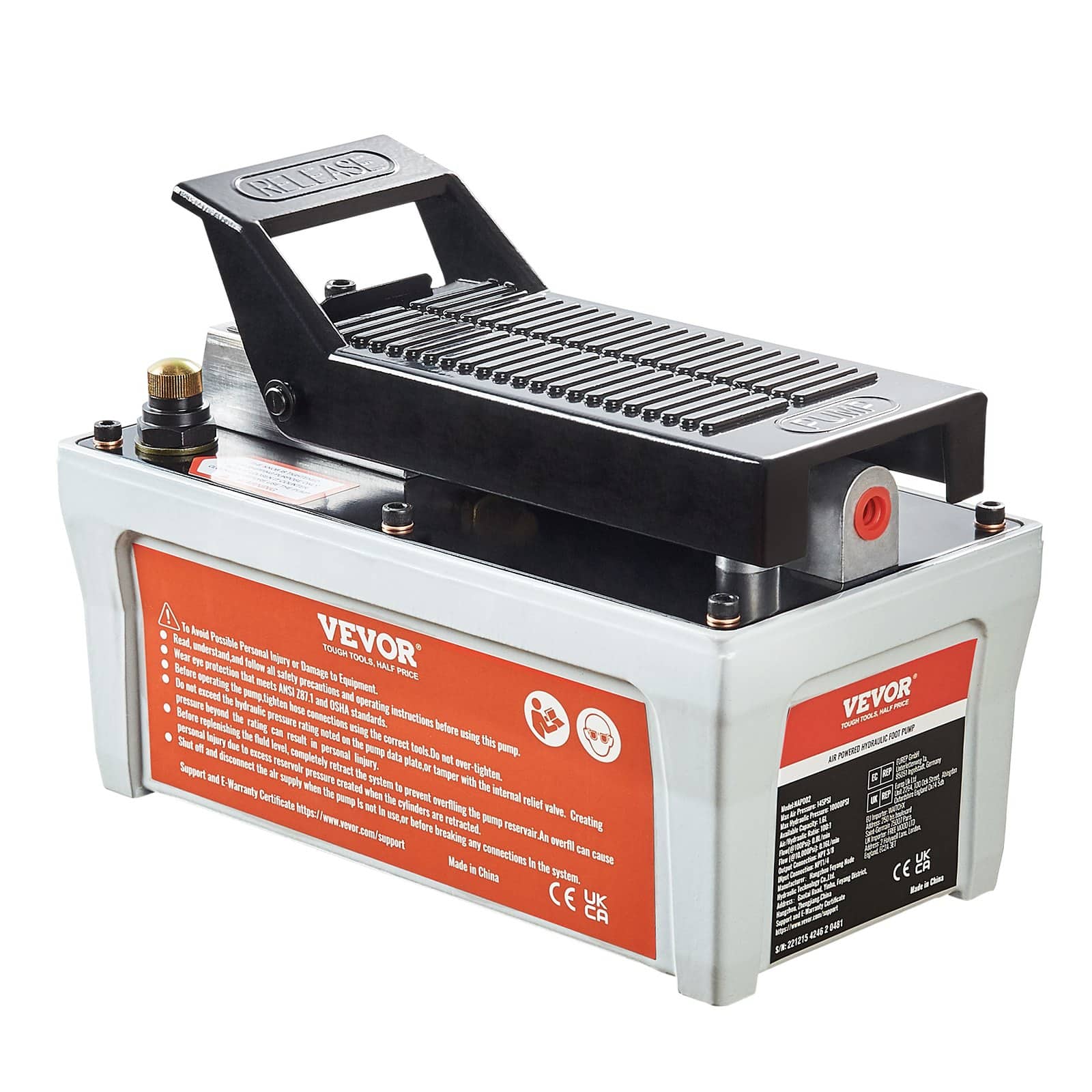 VEVOR Air Hydraulic Foot Pump, 6895 Bar, 1.9L Tank, 2m Hose, NPT 10mm Outlet, 6.4mm Inlet, for Auto Body & Frame Machines, Gray - Image 11